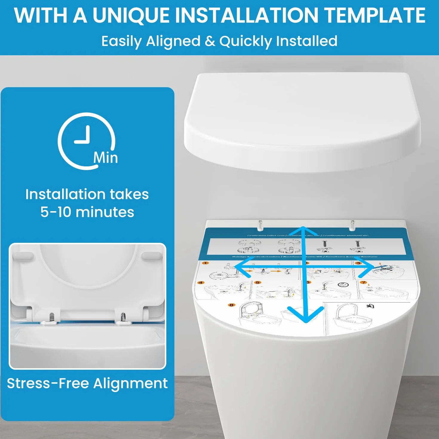 YEAUPE PRO Tapa WC Universal Forma de D [LARGO], Asiento de Inodoro de Cierre Suave con Liberación Rápida para una Fácil Limpieza, 45 x 36,1 x 5cm, Incluye plantilla de instalación