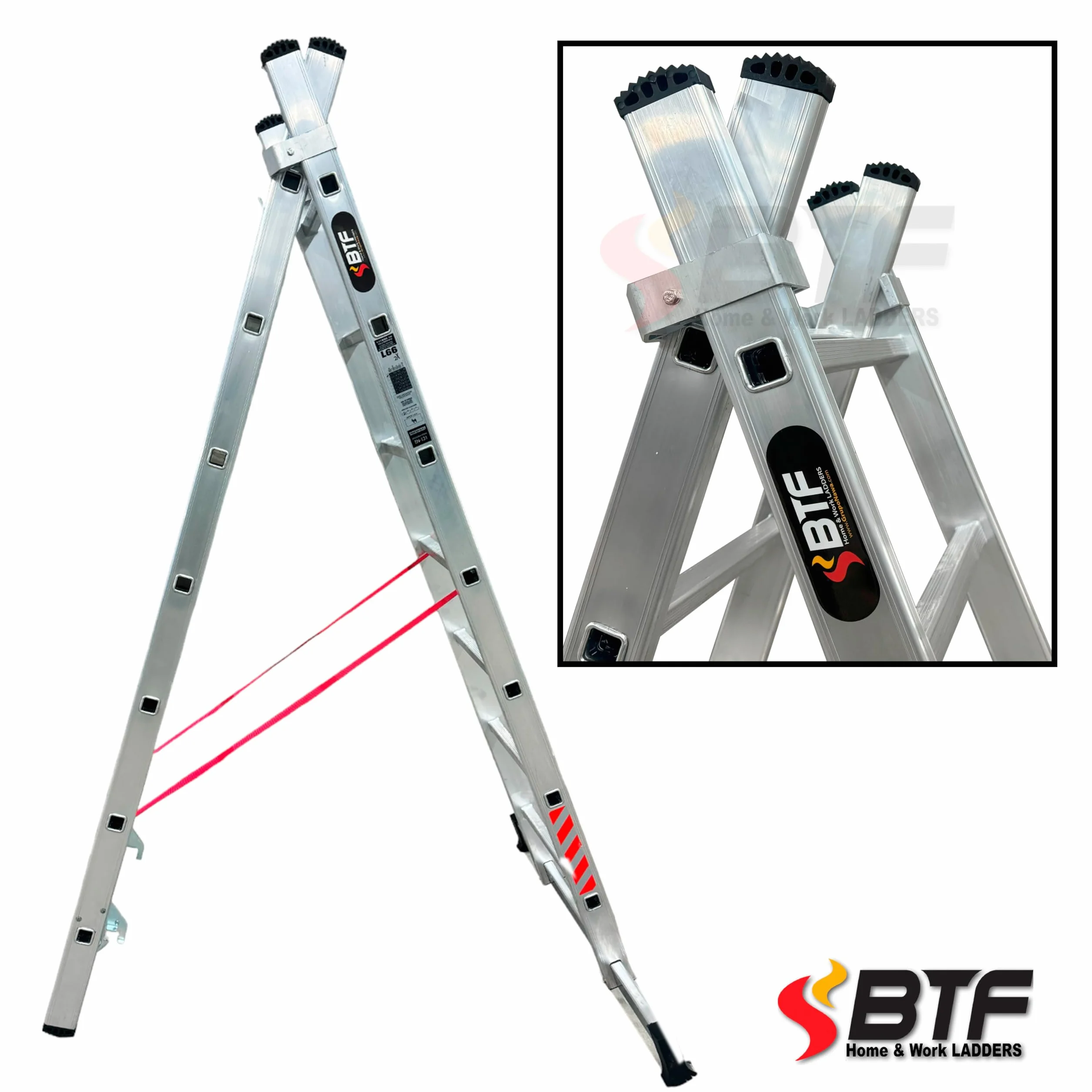 BTF | Escalera Plegable Aluminio Transformable 2 Tramos | Combinada 2 Secciones x 7 Peldaños, Escalera de Tijera y Extensible de Apoyo, Altura Apoyo 3,1m, Tijera 1,9m, Certificada EN131 Uso Doméstico