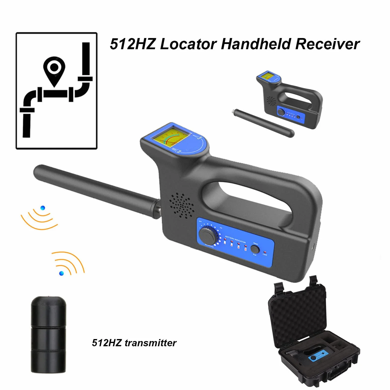 Localizador de Tuberías Subterráneas, Cámara de Endoscopio de Alcantarillado Industrial de Mano, Detector de Bloqueo del Detector del Localizador del Receptor Inalámbrico 512HZ con Transmisor(EU)