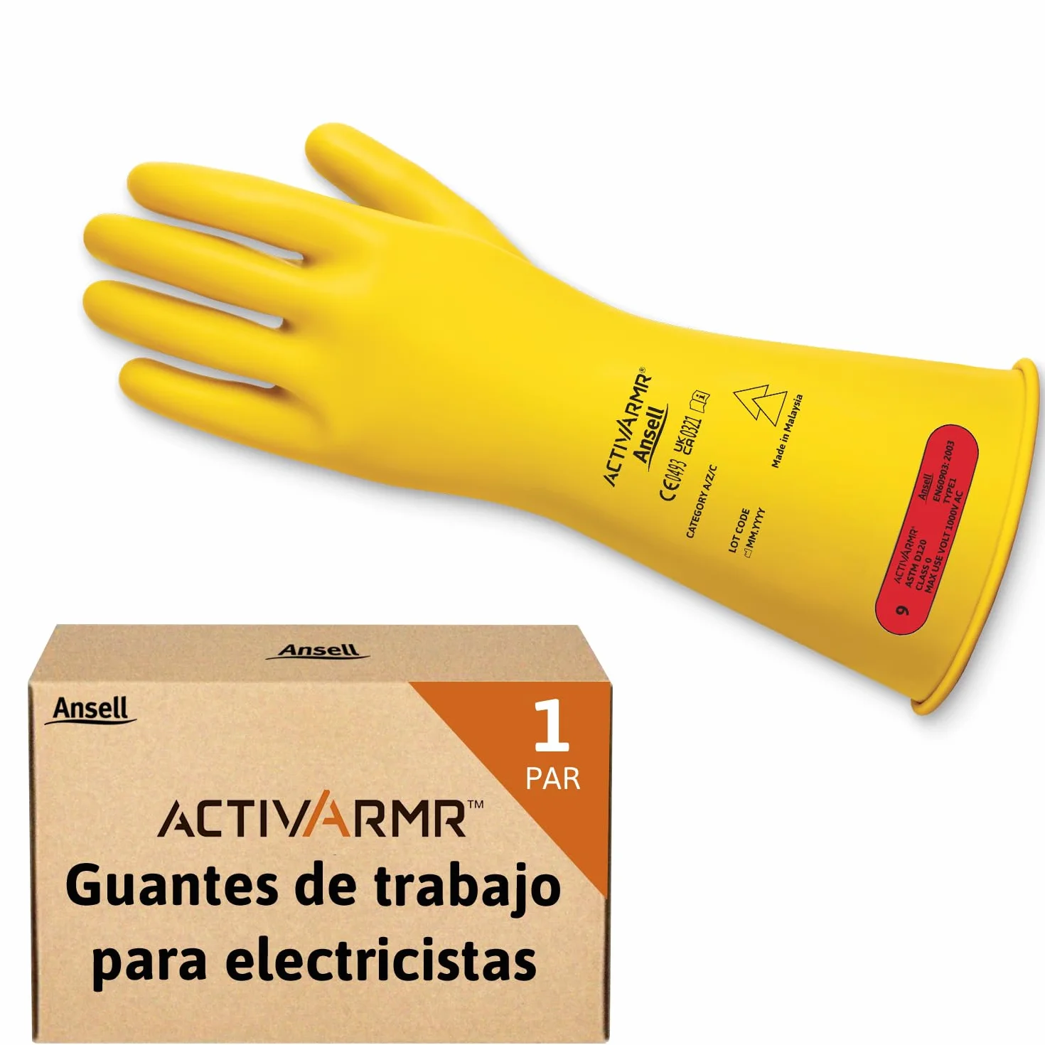 Ansell ActivArmr Guantes Aislantes Dieléctricos, Protección Eléctrica Class 0, Tensión 1000V, Trabajos con Electricidad, Látex de Caucho Natural, 36 cm, Amarillo, Talla M, 1 Par