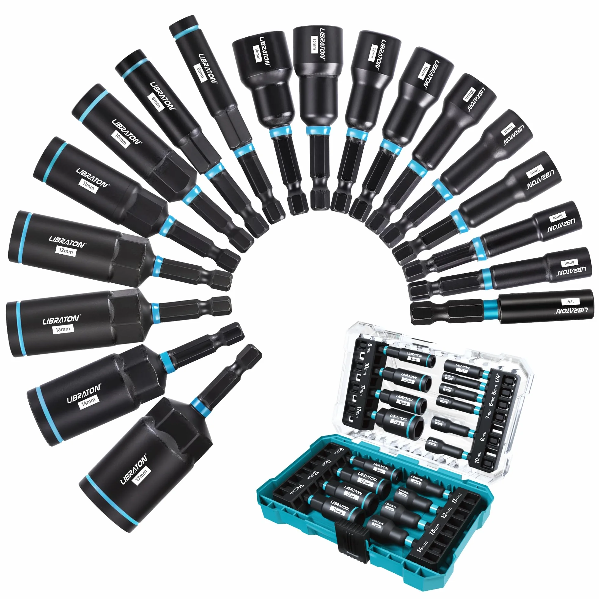 LIBRATON 18 Piezas Juego de Destornilladores Magnéticos para Tuercas para Taladro de Impacto, Métrico, Destornilladores para Tuercas de 5-14MM, Profundas de 6-17MM, Portapuntas, para Reparación