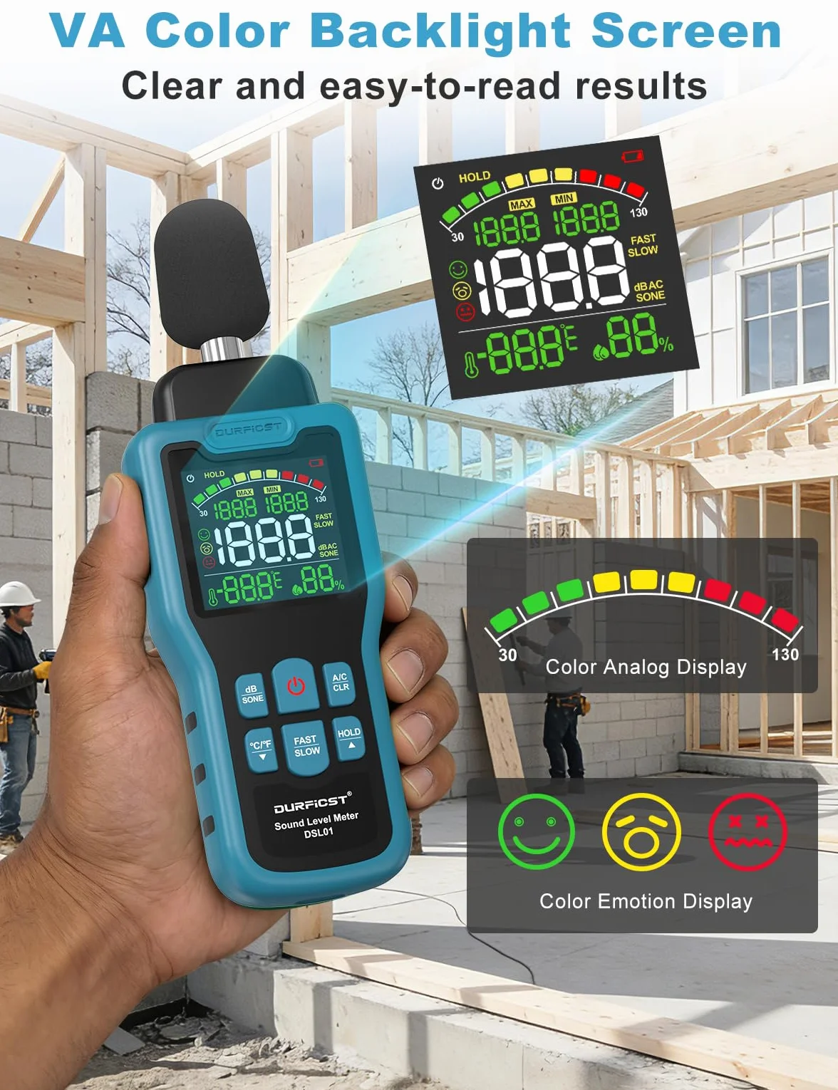 Sonometro, DURFICST Medidor de Decibelios con Temperatura y Humedad, Rango de 30-130 dB, Decibelimetro con Pantalla LCD a Color, Ponderación A/C, Unidad dB/SON, Respuesta RÁPIDA/LENTA, para Doméstico