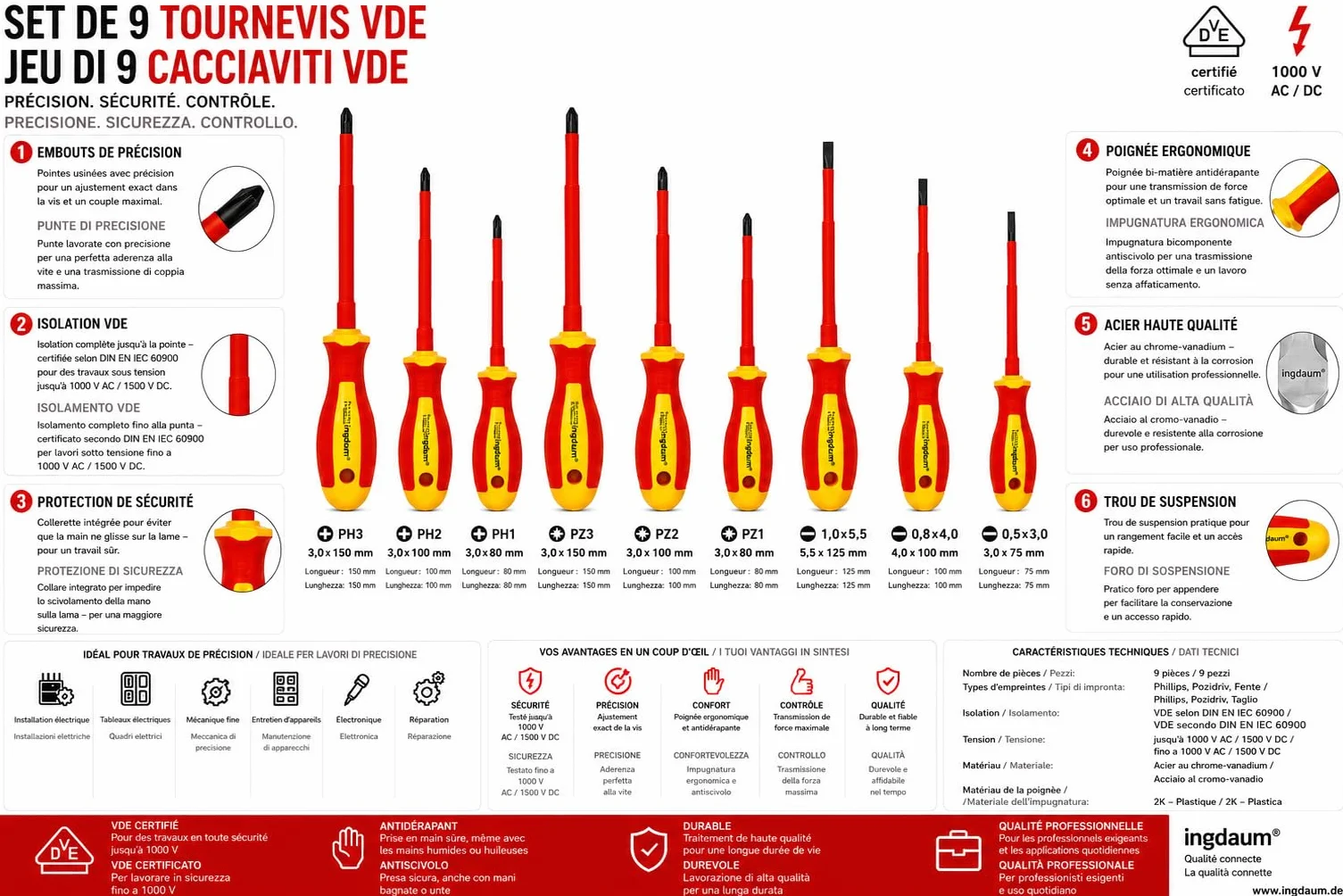 Juego de Destornilladores VDE 9 Piezas | Plano, Phillips (PH) y Pozidriv (PZ), Aislados hasta 1000 V, Certificación GS según IEC 60900