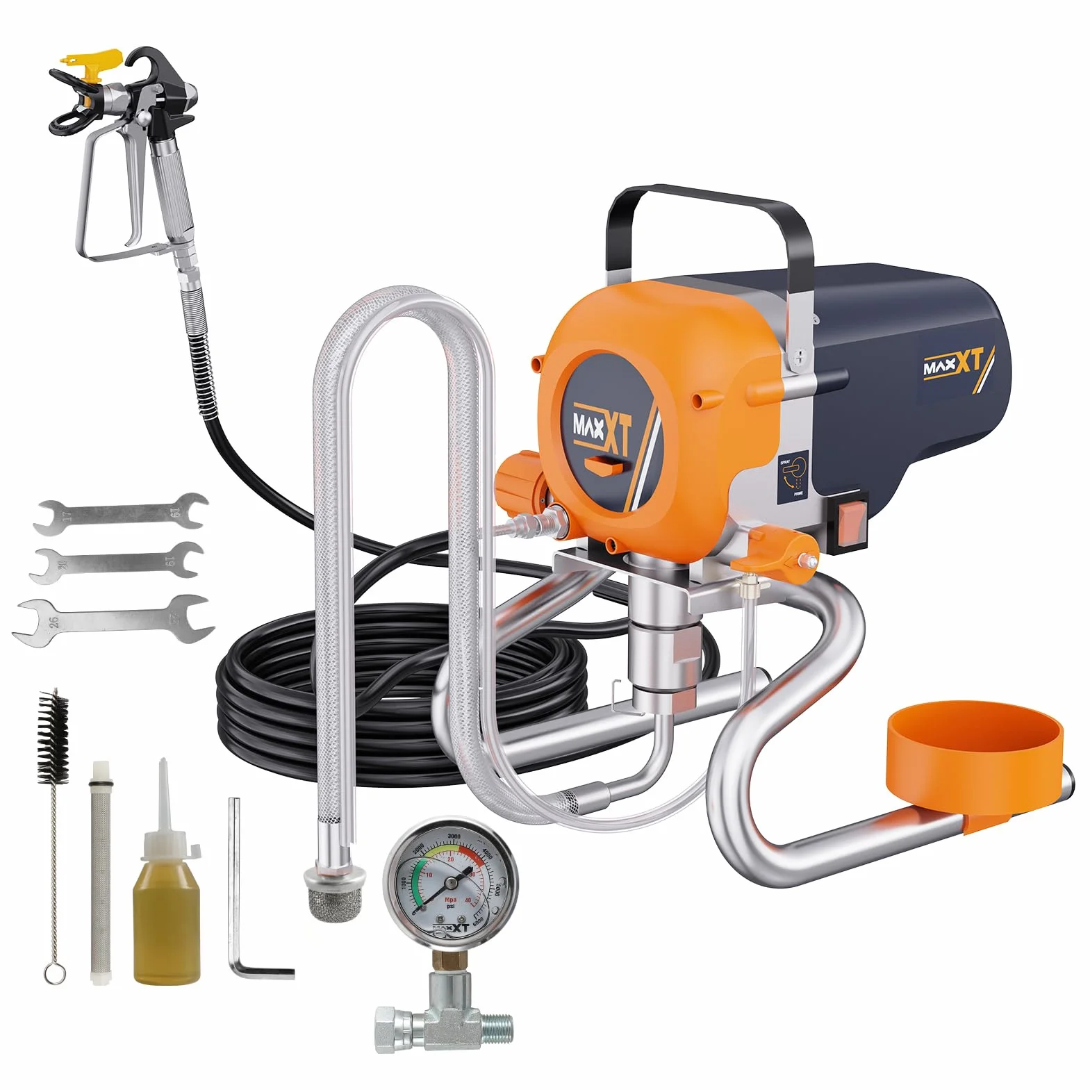 MAXXT Airless Pulverizador de Pintura 1200W Alta presión, Presión Ajustable-medidor de presión, máxima 226 Bar(3300 PSI), |110 m²-20 min|1.6L/MIN, Manguera 7,5 m, para proyectos Grandes/Parede/Techo