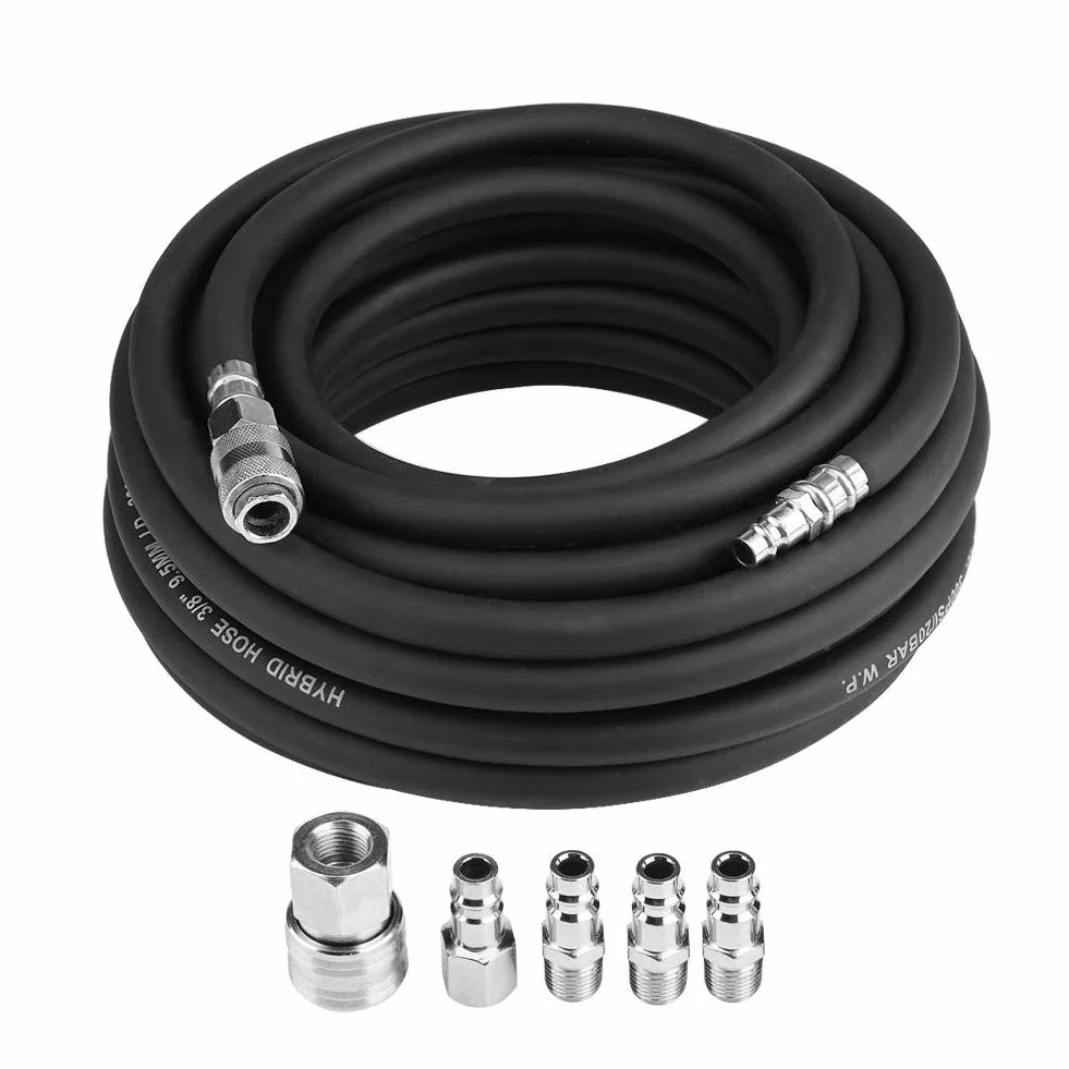 Manguera de aire comprimido flexible, manguera de aire neumática de goma con conexión rápida presión de explosión máxima de 900 Psi para compresor negro 15m