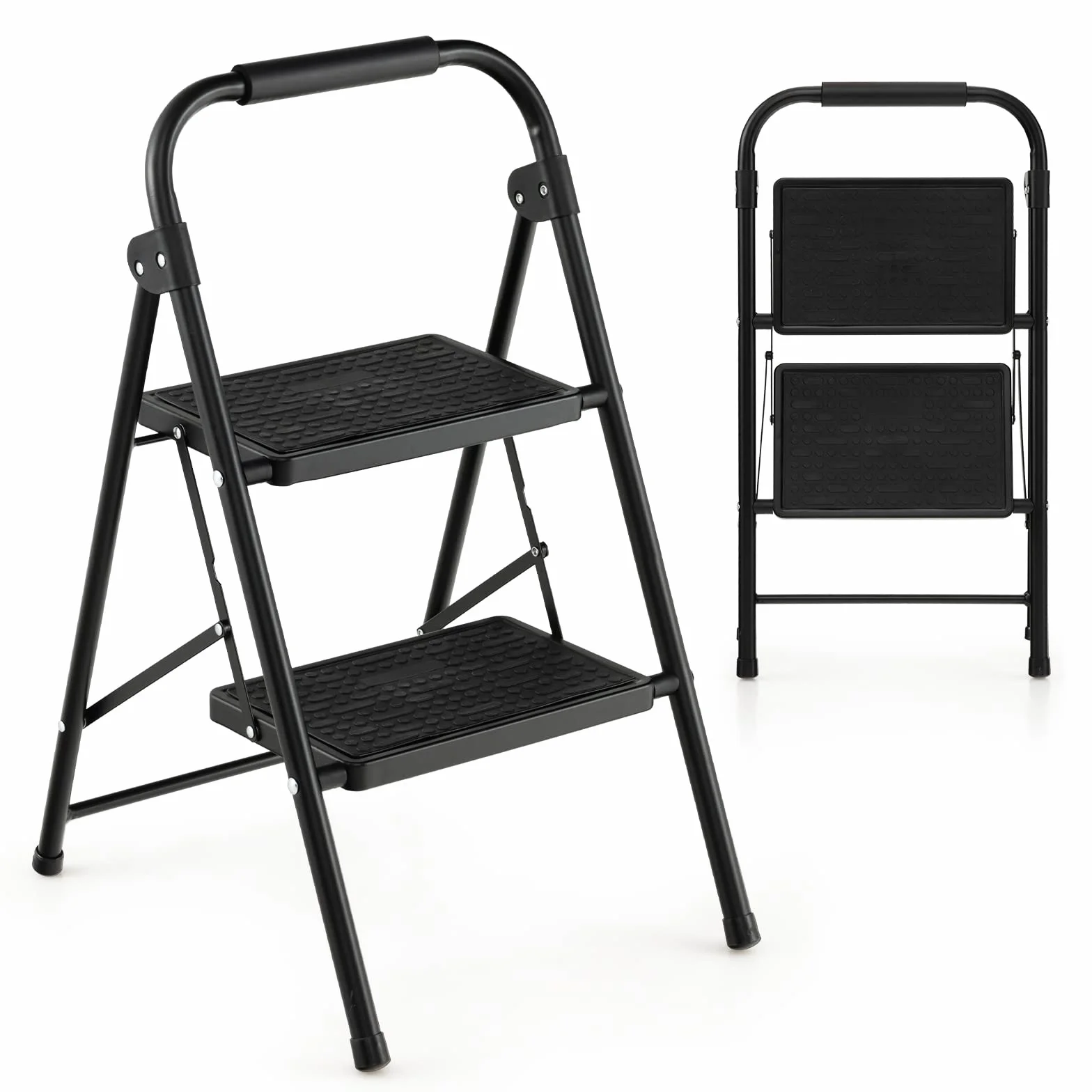 COSTWAY Escalera Plegable de 2 Peldaños, Taburete Plegable con Manija Acolchada y Escalones Antideslizantes, Escalera de Metal Portátil, para Cocina, Hogar, Almacén