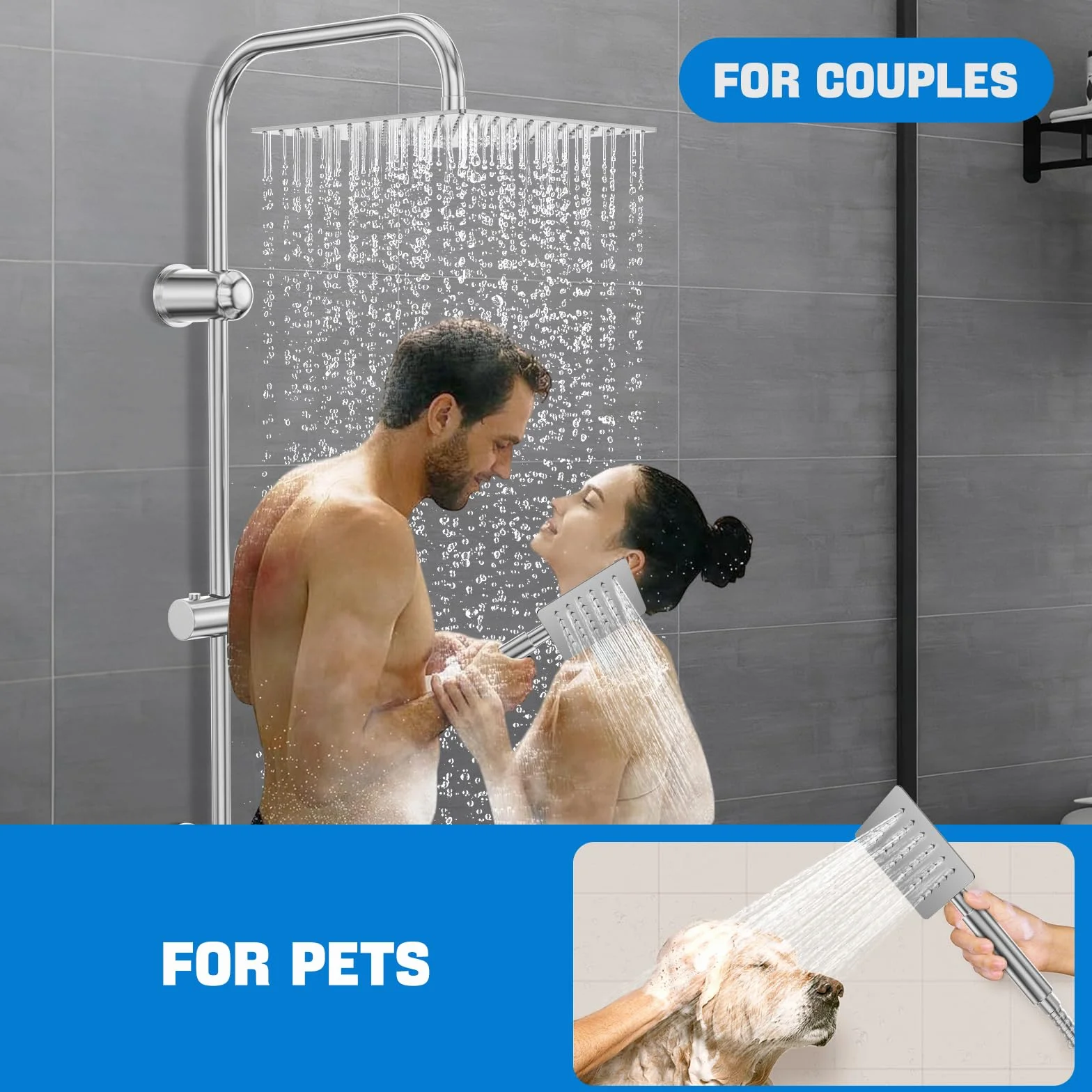 Columna Ducha Completa Acero Inoxidable Cromado Cabezal Lluvia 30x30 cm Soporte Ajustable