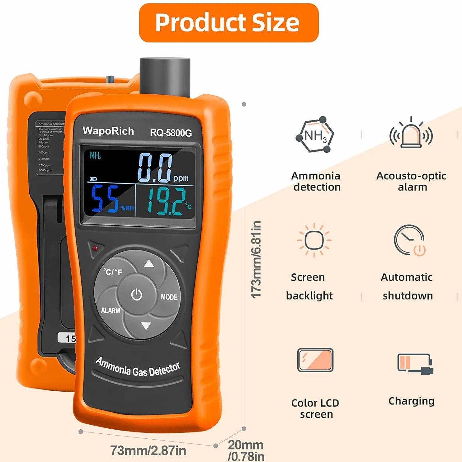 Detector de Gas Amoníaco 0~100 PPM Medidor de NH3, Detector de Partículas Recargable Medidor Profesional Monitor de Gas Amoníaco con Temp, Humedad para aves de Corral, Granja - RQ-5800G