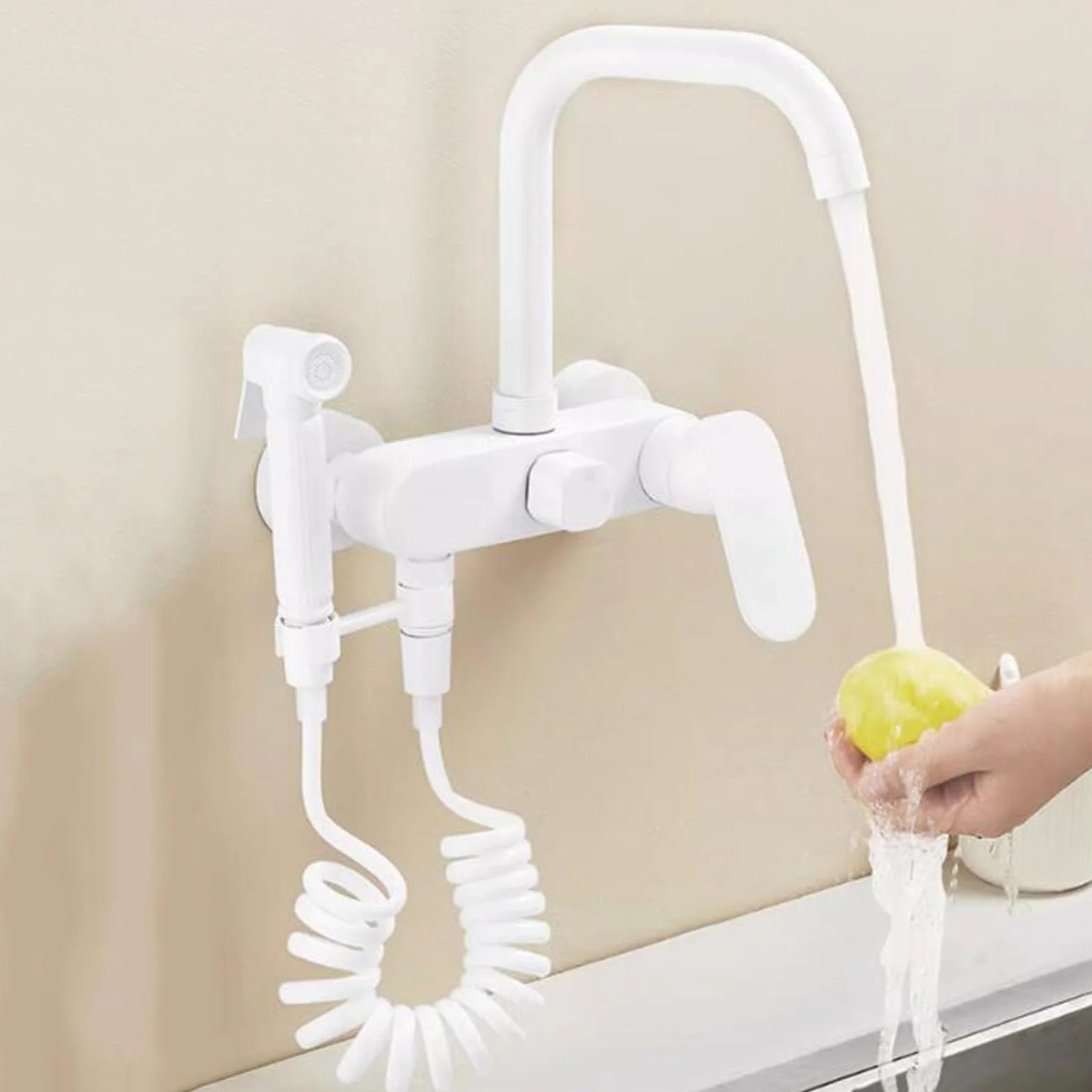 Grifo de Cocina Pared Blanco Pistola Telescópica Agua Fría y Caliente Giratoria Latón Grifo Fregadero Cocina Pared