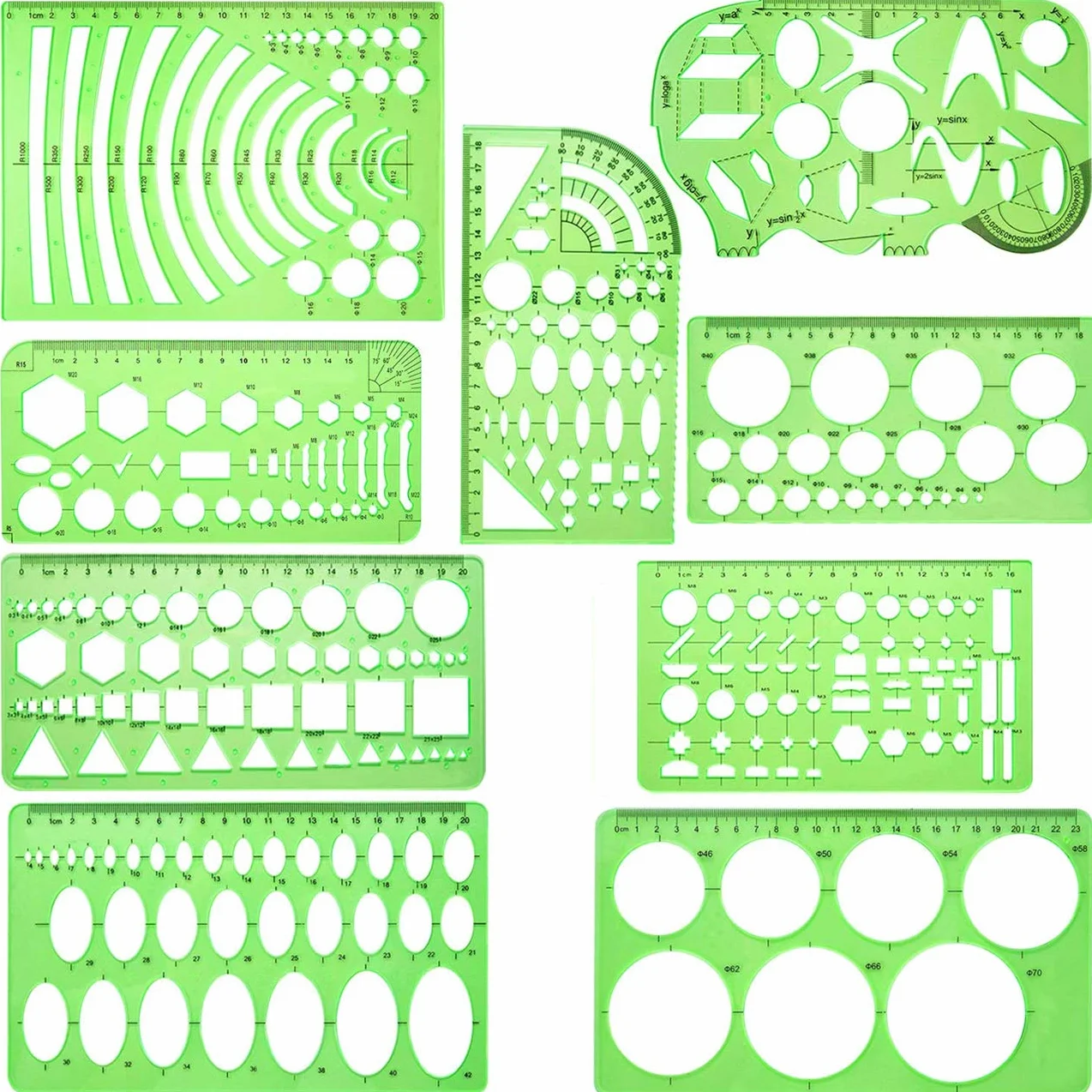 Juego de 9 plantillas de dibujo geométricas, elipses y círculos, reglas de medición verde claro para dibujo digital oficina escuela