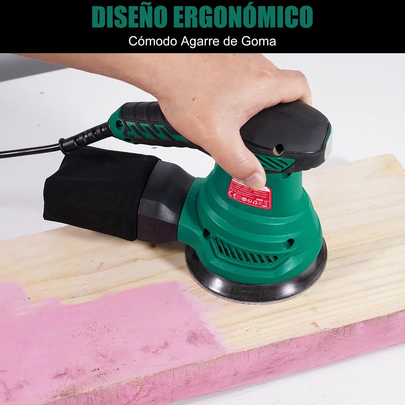 HYCHIKA Lijadora Orbital 300W, Lijadora Rotorbital con Motor de Cobre Puro, 6 Velocidad, 13000RPM, 12PCS Lija de 125mm (240/120/80 Grano), con Bolsillo Lavable de Recogida, para Lijar Madera y Metal