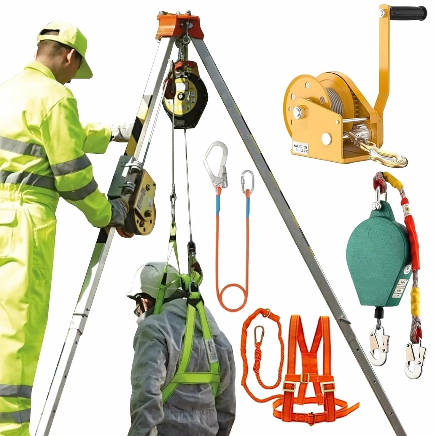 Trípode de rescate contra incendios con cabrestante de 1200 1800 2600 libras, Sistema de rescate con trípode de aluminio para entrada de túnel de pozo de alcantarillado(1200LBS Winch+Fall Prote