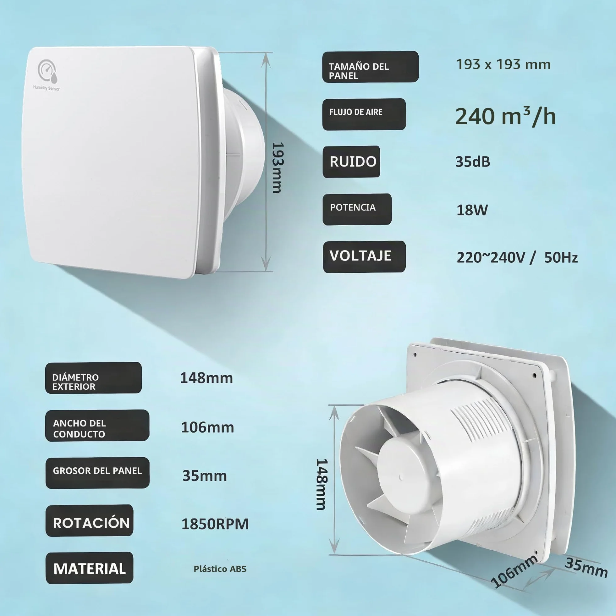 Extractor de aire 150 mm Sensor de temperatura y humedad 25 W 250 m³/h Ventilador de pared con válvula antigolpes, anillo de montaje de ventana, toma para cocina, WC, cuarto de baño