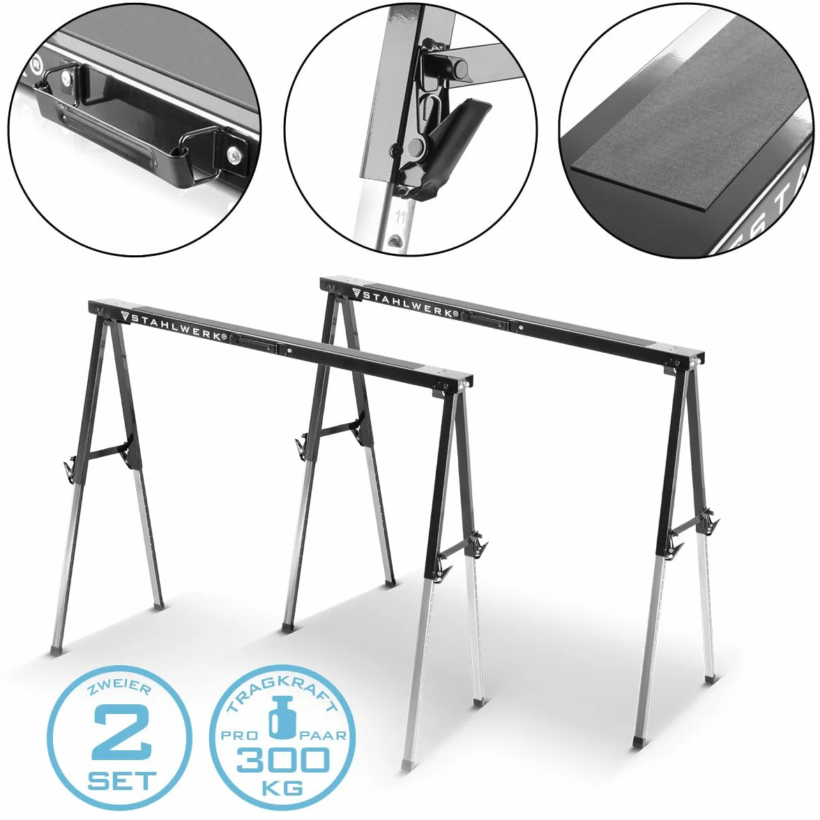 Caballete STAHLWERK SB-910 ST en un juego de 2 caballetes de metal con recubrimiento de polvo, altura ajustable de 645-910 mm, capacidad de carga de 150 kg y superficie antideslizante