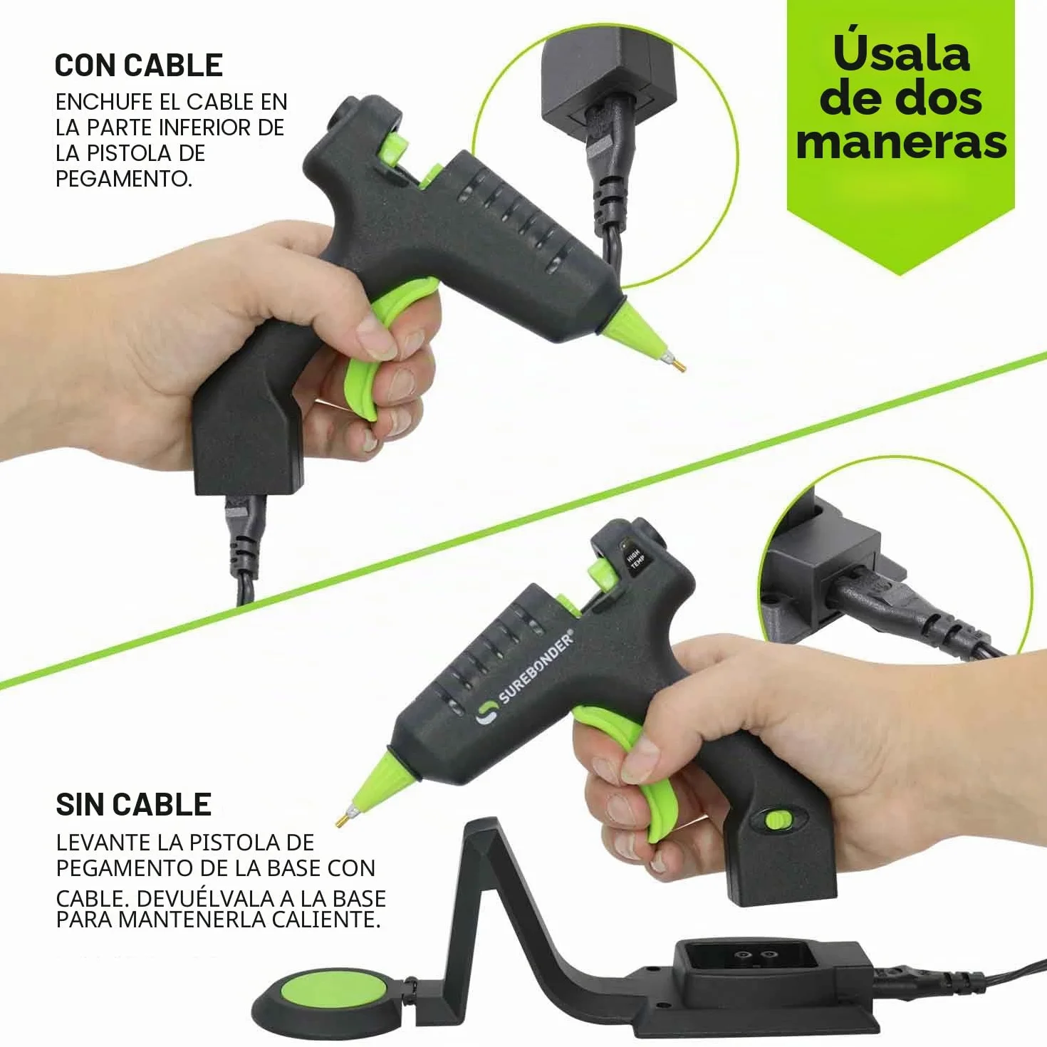 Surebonder Pistola de pegamento mini inalámbrica 20 vatios - Negro - Detail - Perfecto para proyectos detallados y bricolaje - Con punta de detalle extendida y seguridad integrada