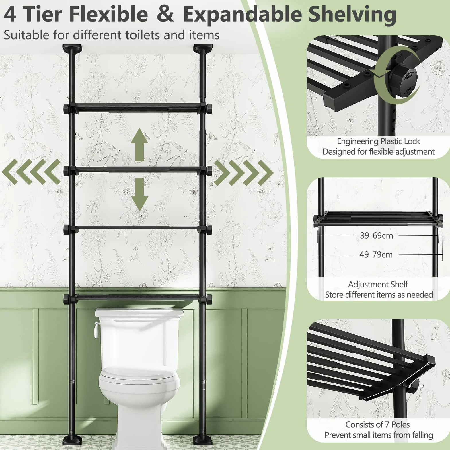Estantería para inodoro de 4 niveles WELDUN, estante de baño ahorrador de espacio, 49-79 cm ancho, 122-315 cm alto, negro