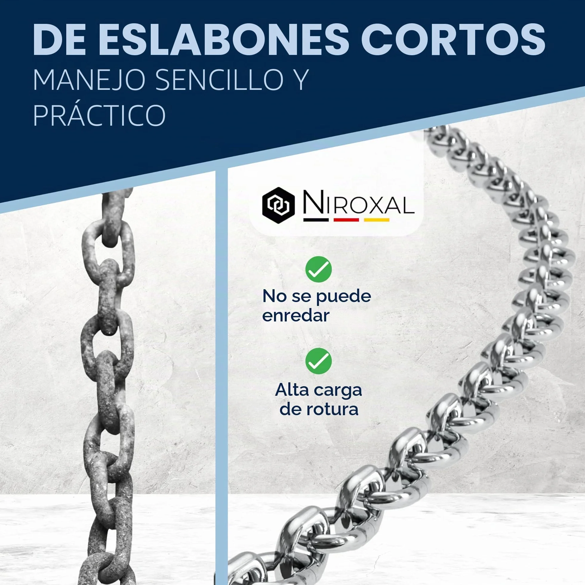 Cadena de acero inoxidable A4 de eslabón corto DIN 766 / DIN 5685 – 3mm x 1m – 1 unidad – para suspensiones pesadas