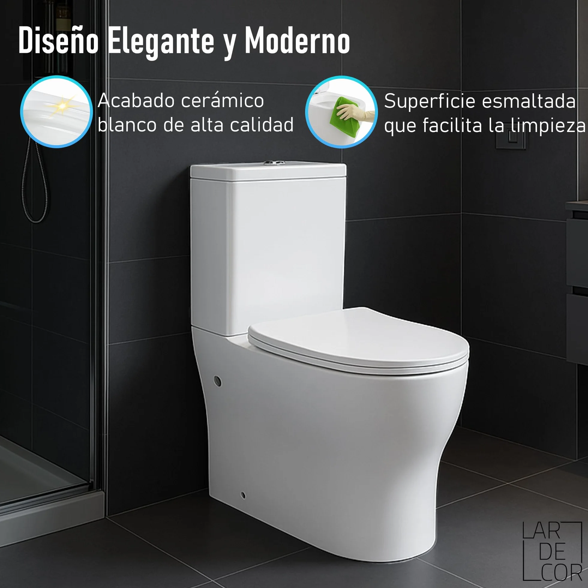 WC Inodoro Completo con Sistema Rimless Antibacterias | 605×370×800 mm | Váter de Baño de Cerámica, Tapa Dura Extrafina UF Amortiguada, Retrete de Doble Descarga y Ahorro de Agua (Blanco)