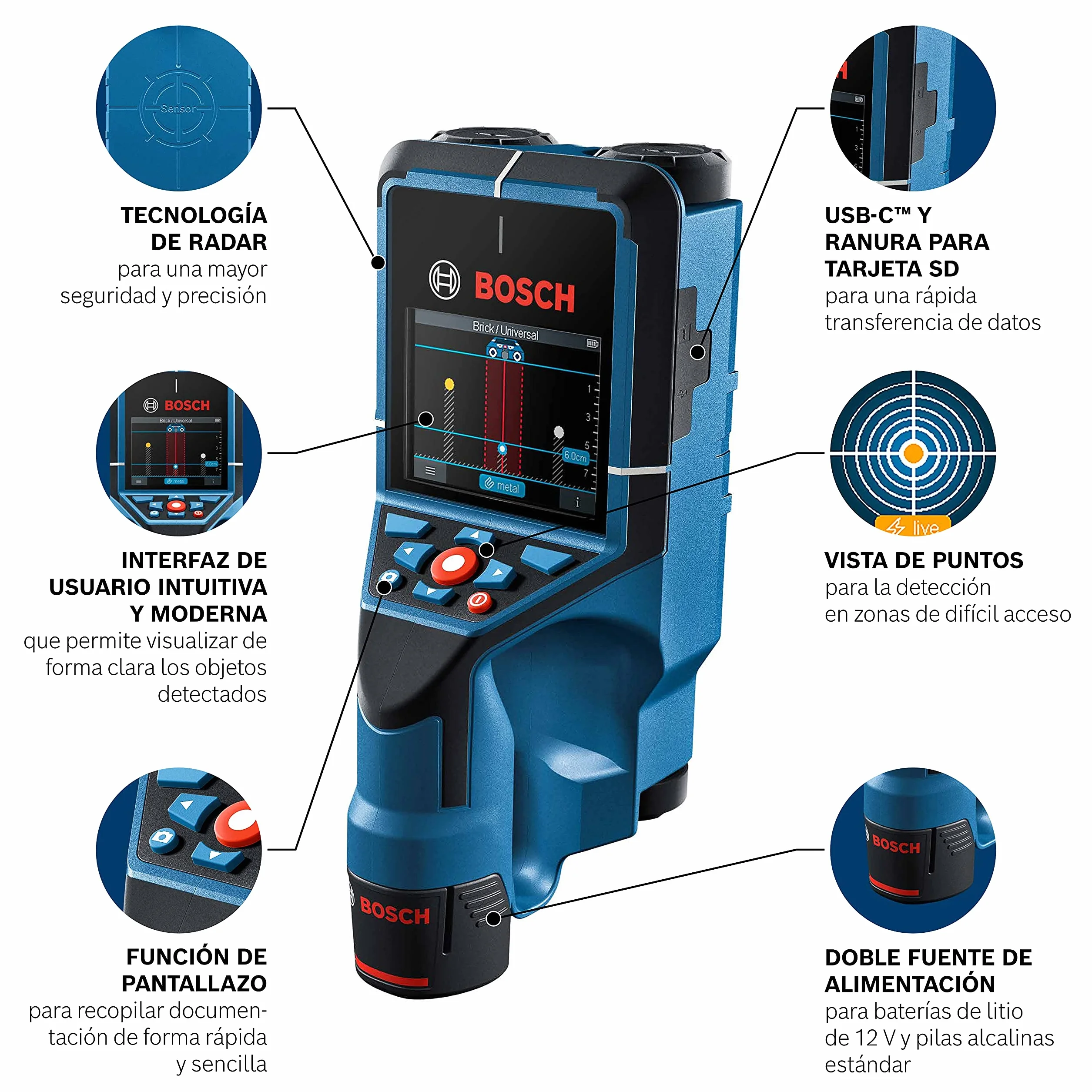 Bosch Professional 12V System Detector D-tect 200 C (batería de 12 V, detección de cables con y sin tensión, tuberías de metal y plástico, pernos de madera y cavidades, cable USB-C™, L-BOXX)