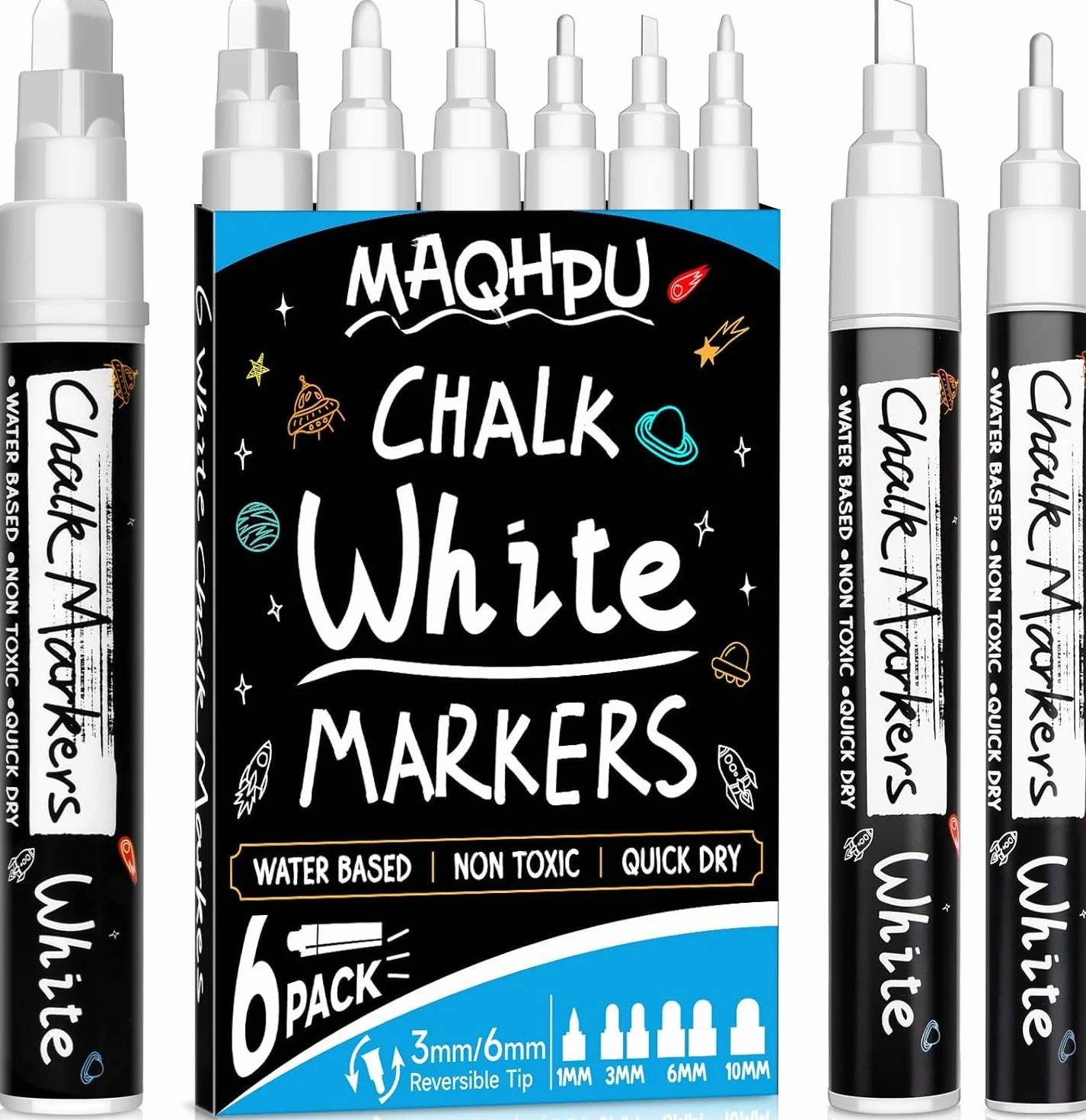 Maqhpu Rotulador Tiza Liquida, 6 Pcs Tizas Pizarra Blanca Borrable para Ventana, Pizarra, Vaso (1 mm, 3 mm, 6 mm, 10 mm)