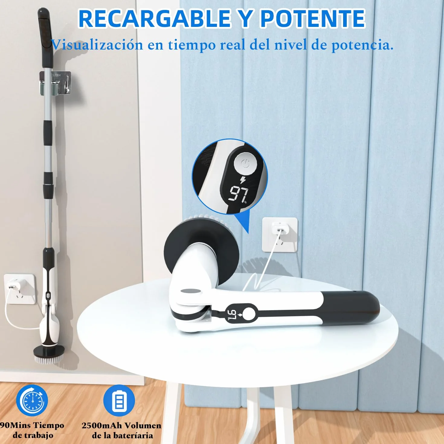 Cepillo Electrico Limpieza Hogar, Cepillo Limpieza Hogar con 4 Ángulos Ajustables, 7 Cabezales de Cepillo, 3 Opciones de Longitud, 90 Minutos de Autonomía, 2 Modos de Velocidad, para Baño, Suelo