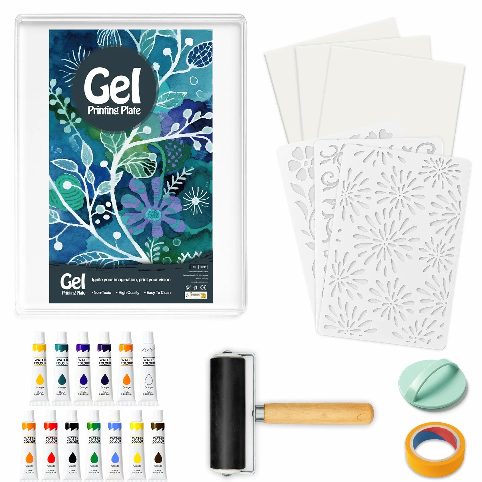 Kit de impresión de gel de 12,7 x 17,8 cm, con impresión de gel, rodillo de goma, pinturas de acuarela, plantillas, papel de impresión, rodillos y baren, adecuado para hacer tarjetas, artes