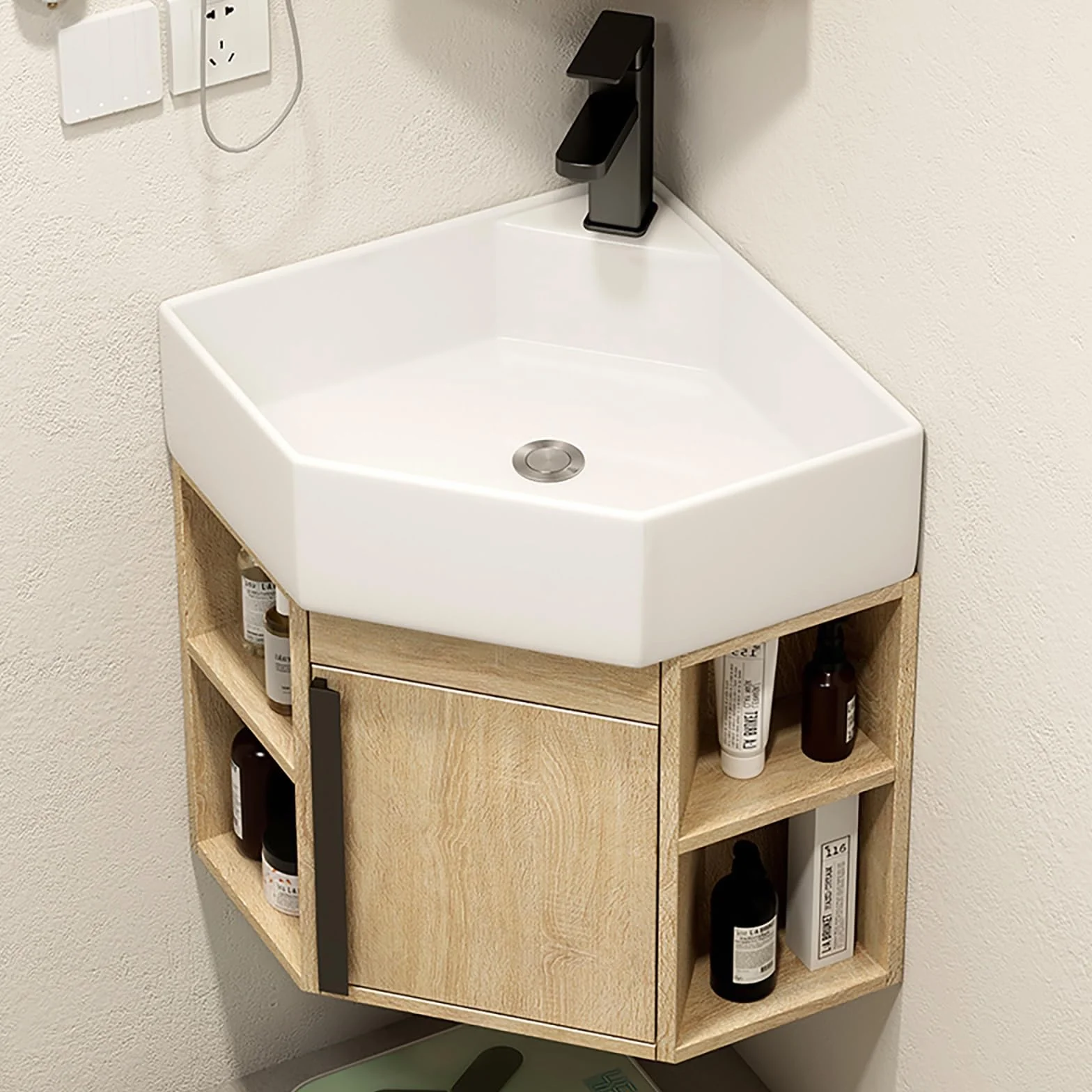 Lavabo De Esquina For Baño Pequeño,Mueble Baño Con Lavabo,Lavabo De Cerámica,Lavabo De Porcelana Mural,Lavabo De Baño Con Contenedor De Almacenamiento,Para Tu Baño Principal Y De Invitados(Brown)