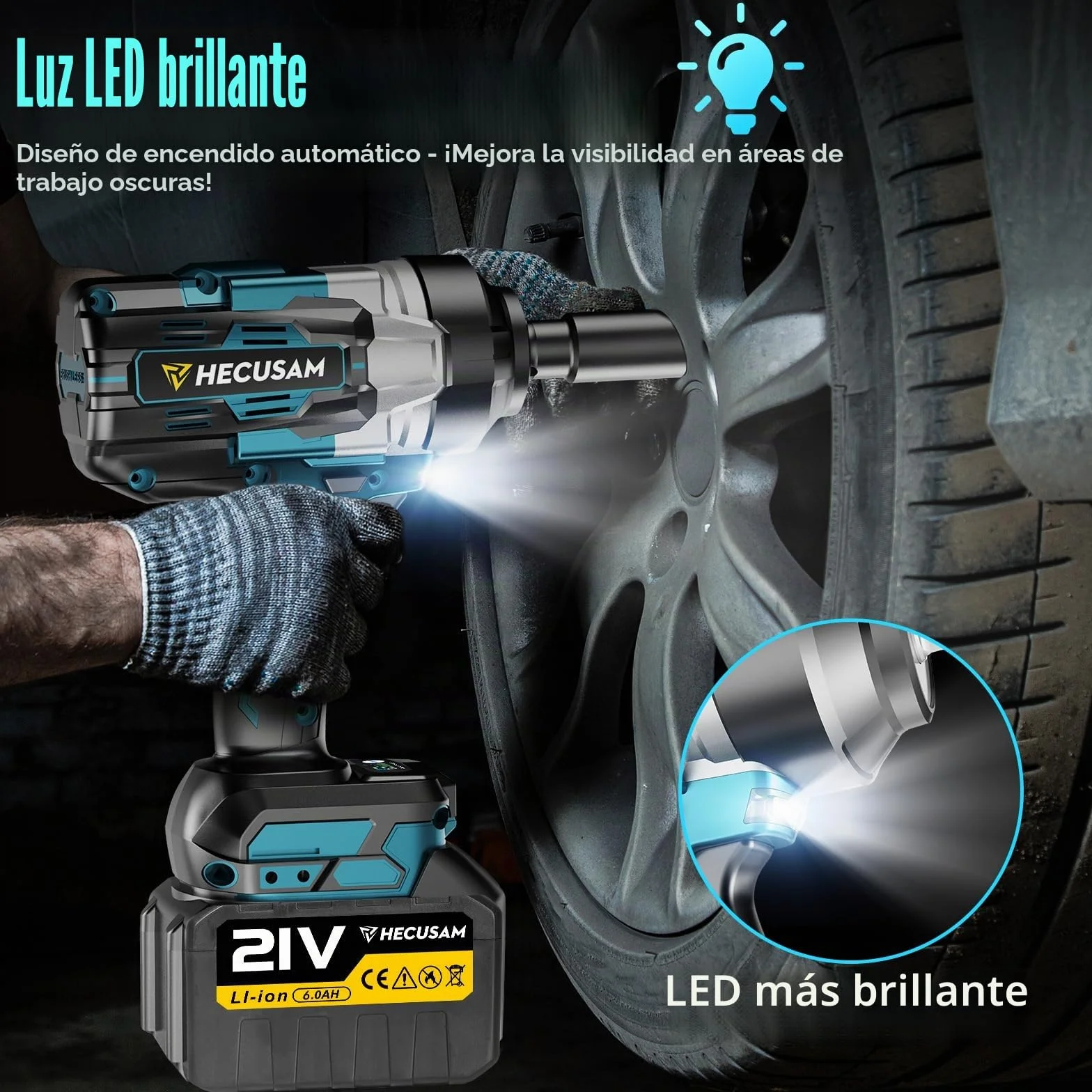 Llave de Impacto inalámbrica sin escobillas, Par máximo de 2100 N.m, 3/4"llave de impacto con Batería de 2x6.0Ah, Cargador Rápido, Atornillador de impacto para coche y maquinaria pesada