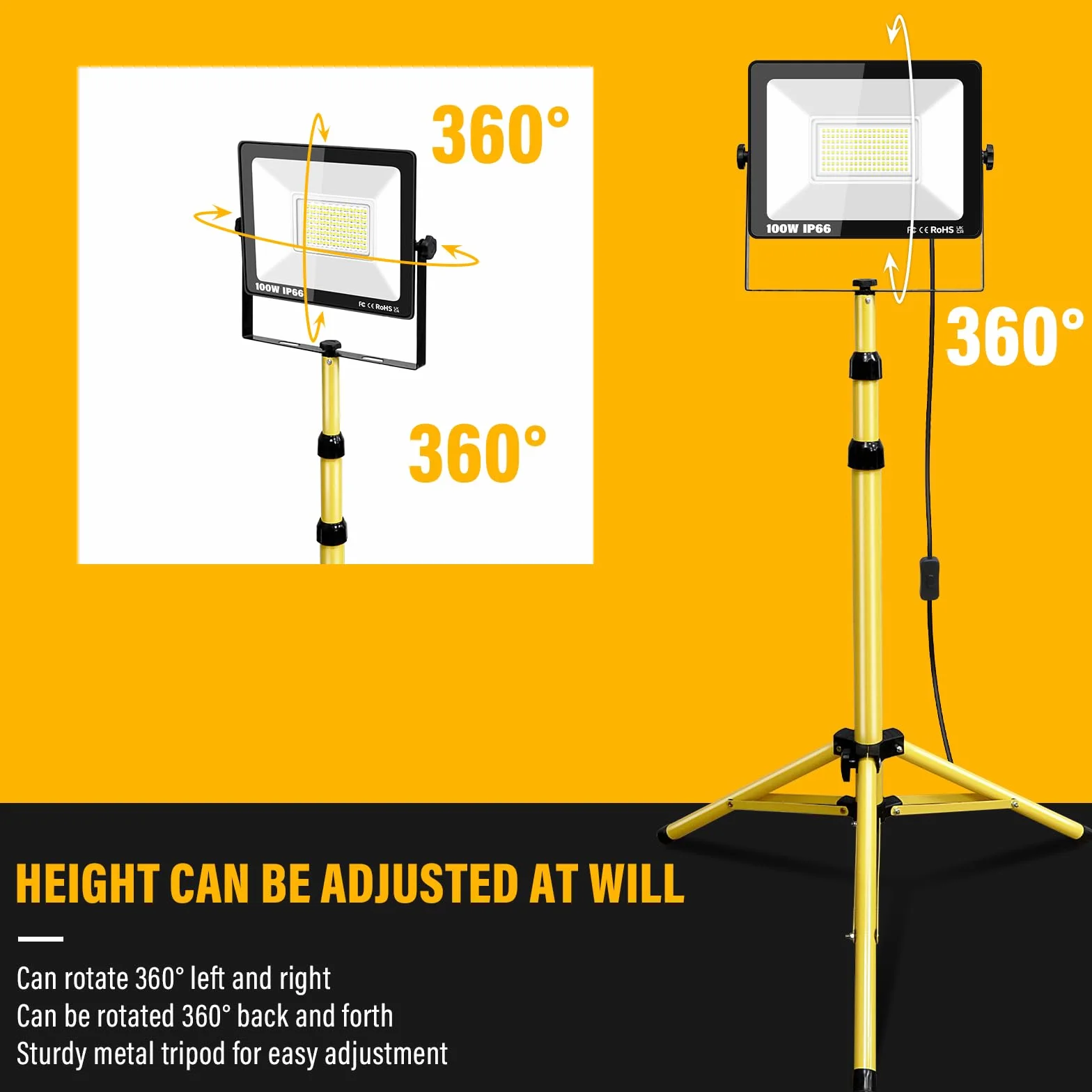 RIGIDON 100W 10000lm foco led trípode telescópico, luz de trabajo portátil | cable de 5 metros, altura ajustable de 102 a 193 cm, proyector led, para taller mecanico obra de construcción garaje jardín