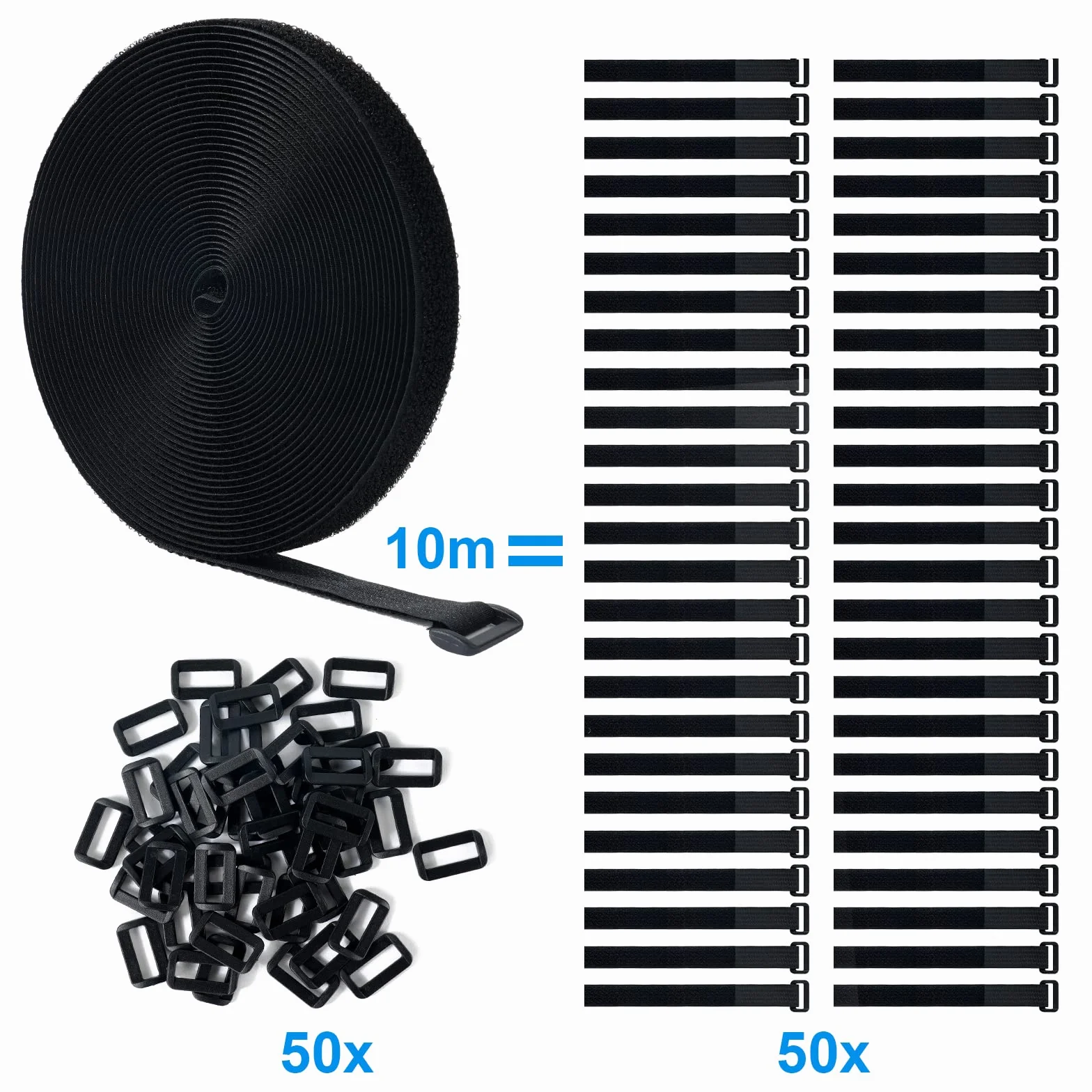 Ainiv Bridas Reutilizables de 10m con 50 Hebillas, 1 Rollo Bridas para Cables, Sujeta Cables Correas Corte Libre, Gancho y Bucle Organizador Cables Multiusos para Oficina, Hogar (10m x 2cm, Negro)