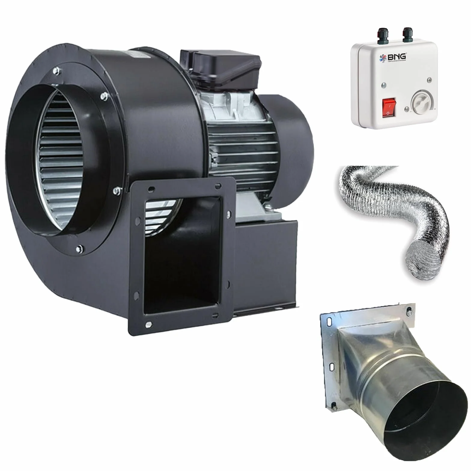 Turbo - Ventilador centrífugo centrífugo (1800 m3/h, 230 V, brida, tubo flexible y regulador)