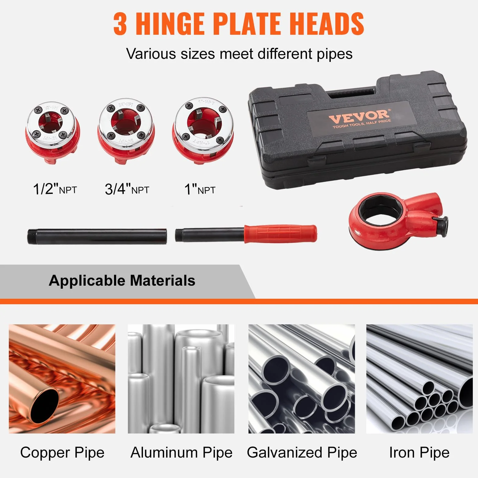 VEVOR Kit de Roscado de Tuberías con Trinquete 1/2", 3/4", 1" NPT Juego de Matrices de Fontanero Portátil 3 Matrices NPT Estuche de Almacenamiento para Tubos de Aluminio Galvanizado Hierro Cobre