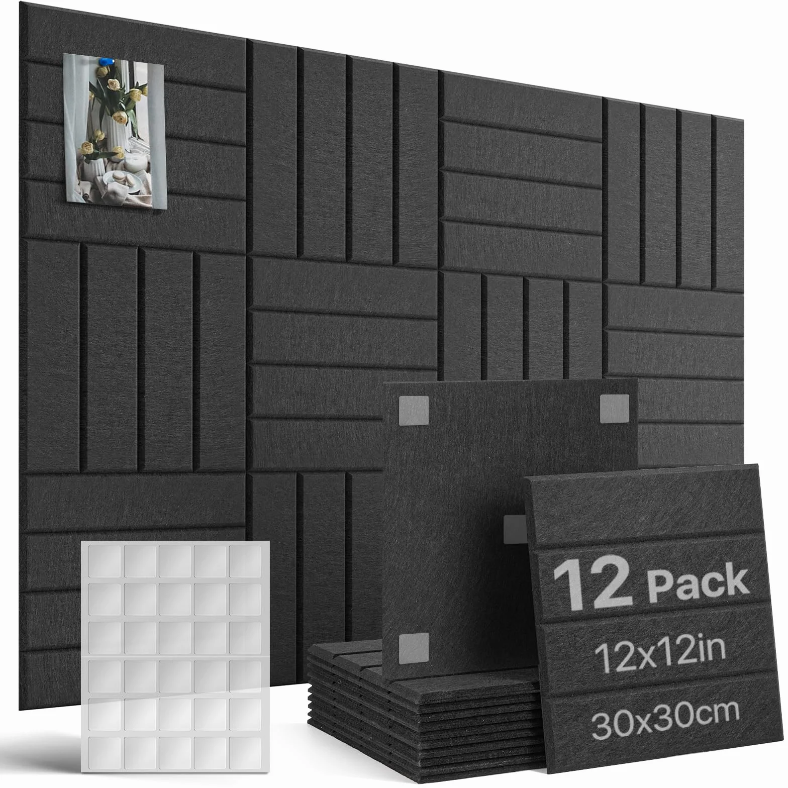 Corcho Pared Autoadhesivo 120x90 cm, Tablero de Corcho Decorativo para el Hogar la Escuela la Oficina,12 Tablones con 60 Almohadillas Adhesivas de Doble Cara (Negro)