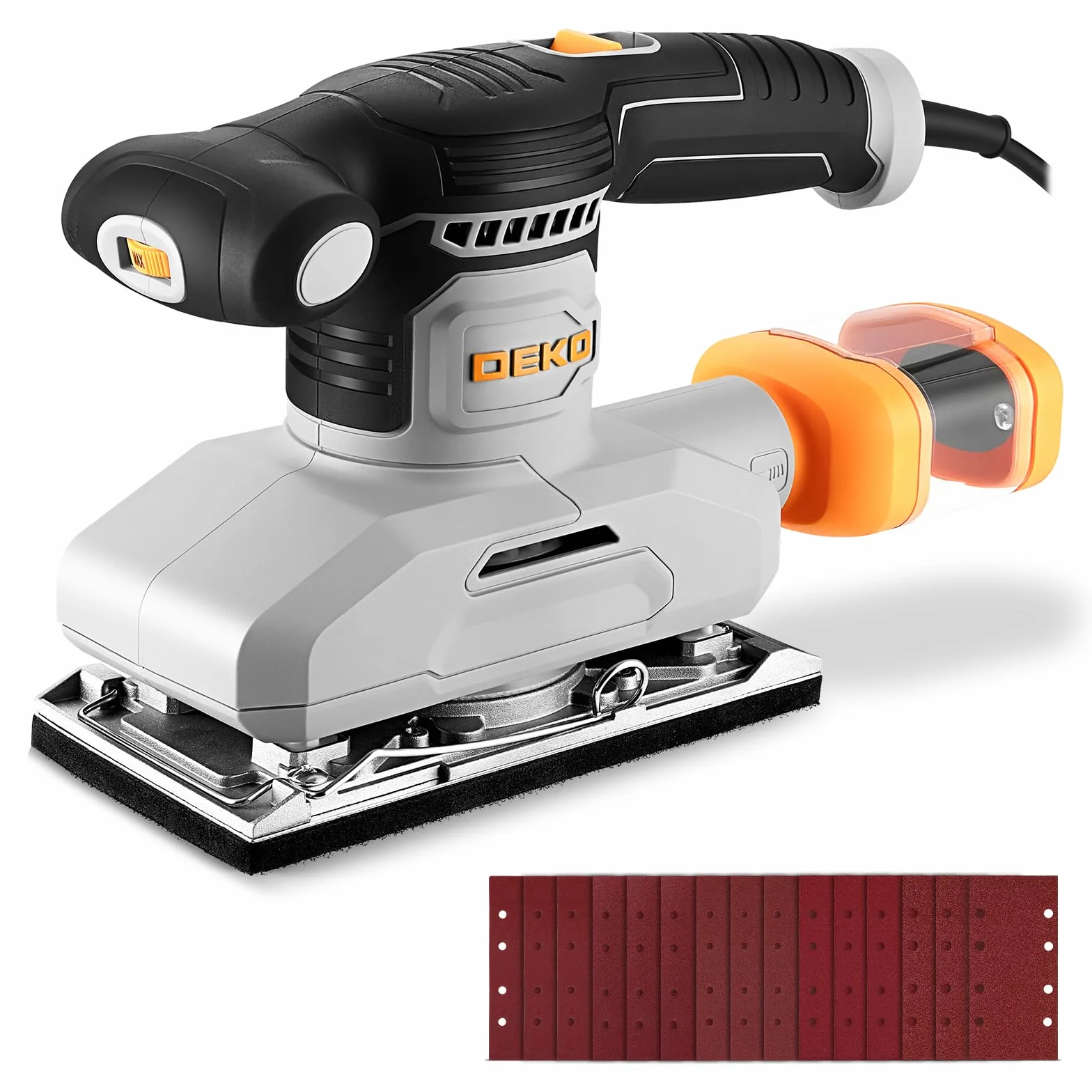 DEKOPRO Lijadora Orbital de 280W, 6 Velocidades, Disco de Lijado de 90 x 187 mm, Incluye 15 Hojas de Lija, Apta para Proyectos de Bricolaje en Madera