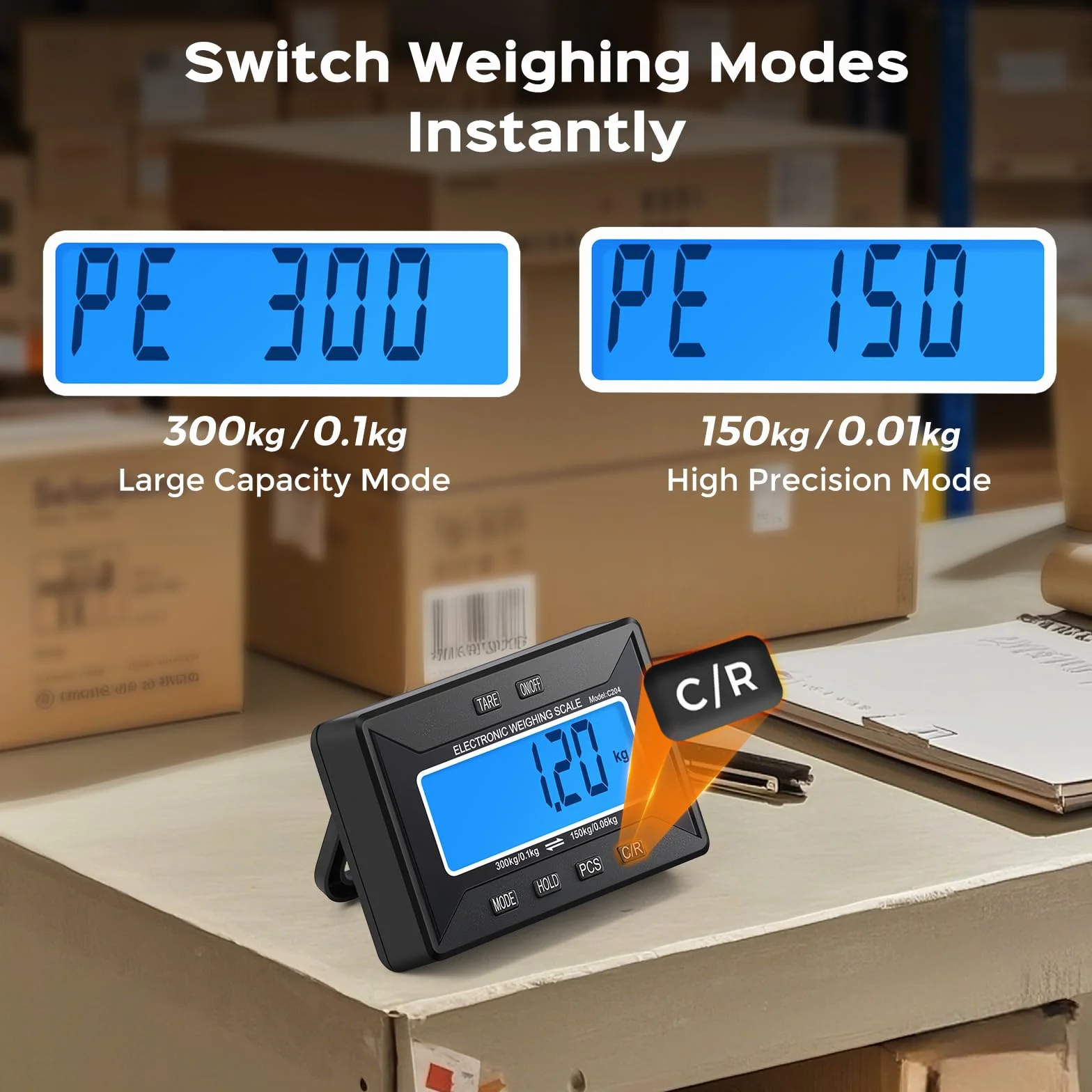 Bonvoisin Báscula para Paquetería Inalámbrica 300kg/660lb, Alcance 10m, Pantalla LCD Separada, Precisión 0,1kg/0,05kg