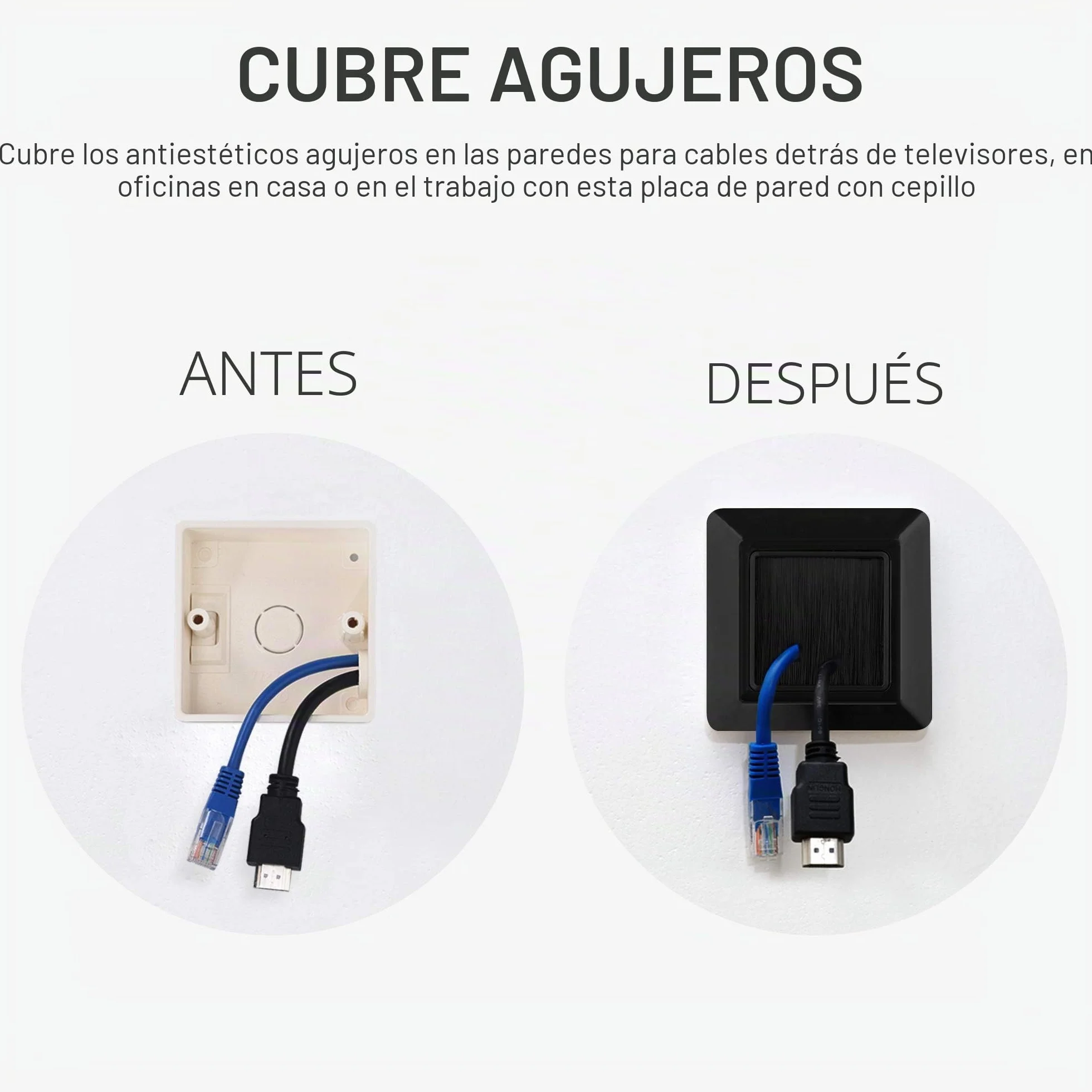 kwmobile 2X Placa de Pared con Cepillo Cubierta Oculta para tapar Cables Salidas Hoyos - Set de pasacables Enchufe Europeo Negro
