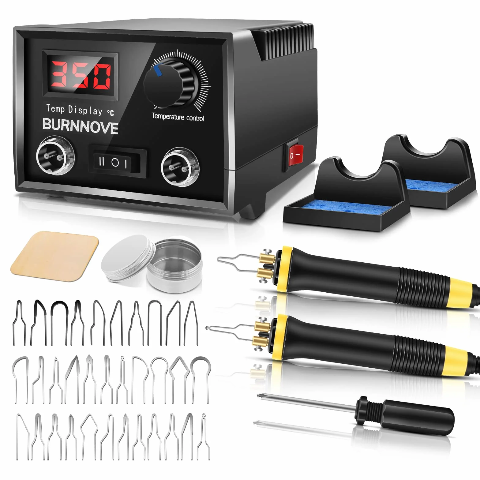 BURNNOVE Máquina de pirograbado 60W, 2 Bolígrafos, 33 Puntas de Alambre de Pirograbado, Doble Puerto, Kit Pirograbador de Madera Control de Temperatura Ajustable para Madera, Cuero, Grabado