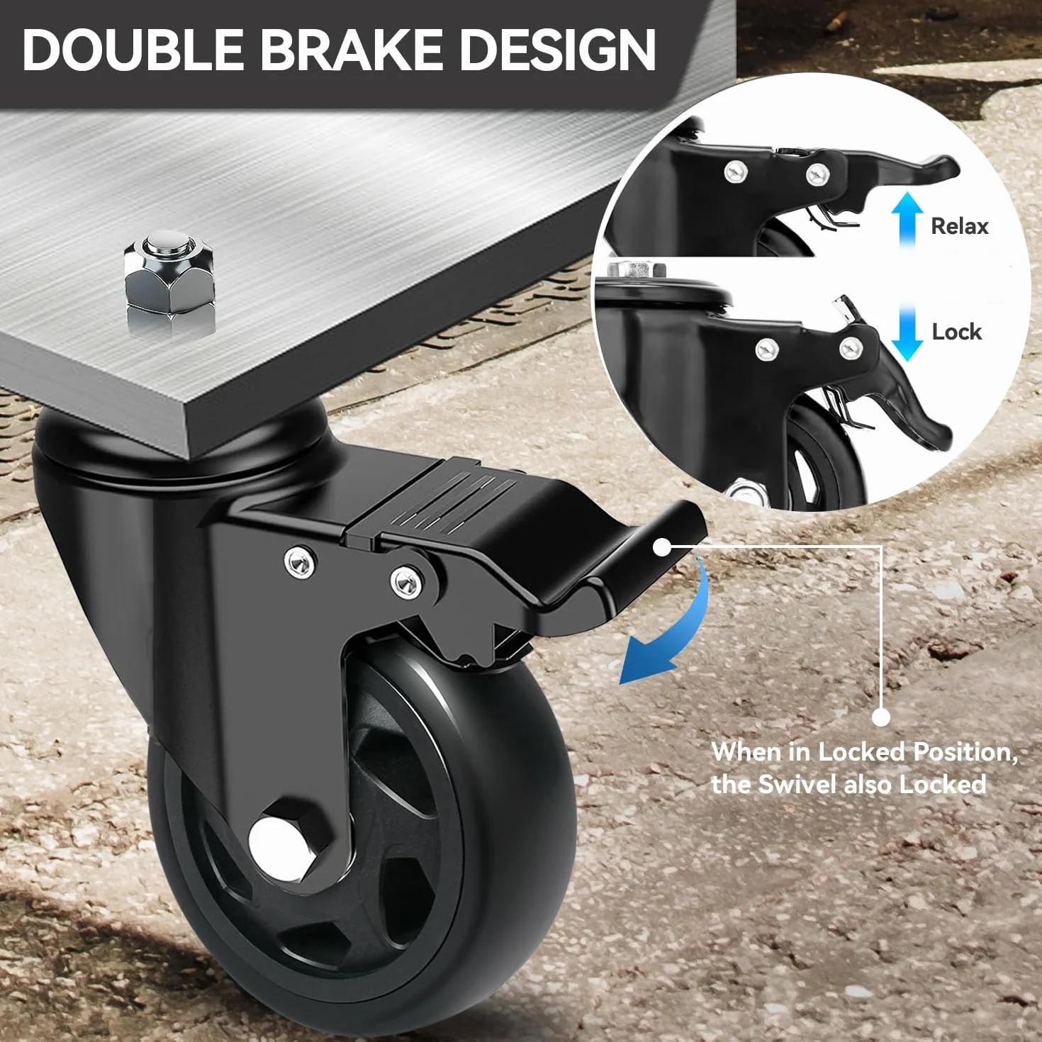 Ruedas para Muebles con Perno M10x1,5x30mm, 75MM Ruedas Giratorias con Freno, Ruedas Pivotantes 360 Grado que No Dejan Marcas, 4 Ruedas Transporte de Doble Rodamiento Capacidad 400KG