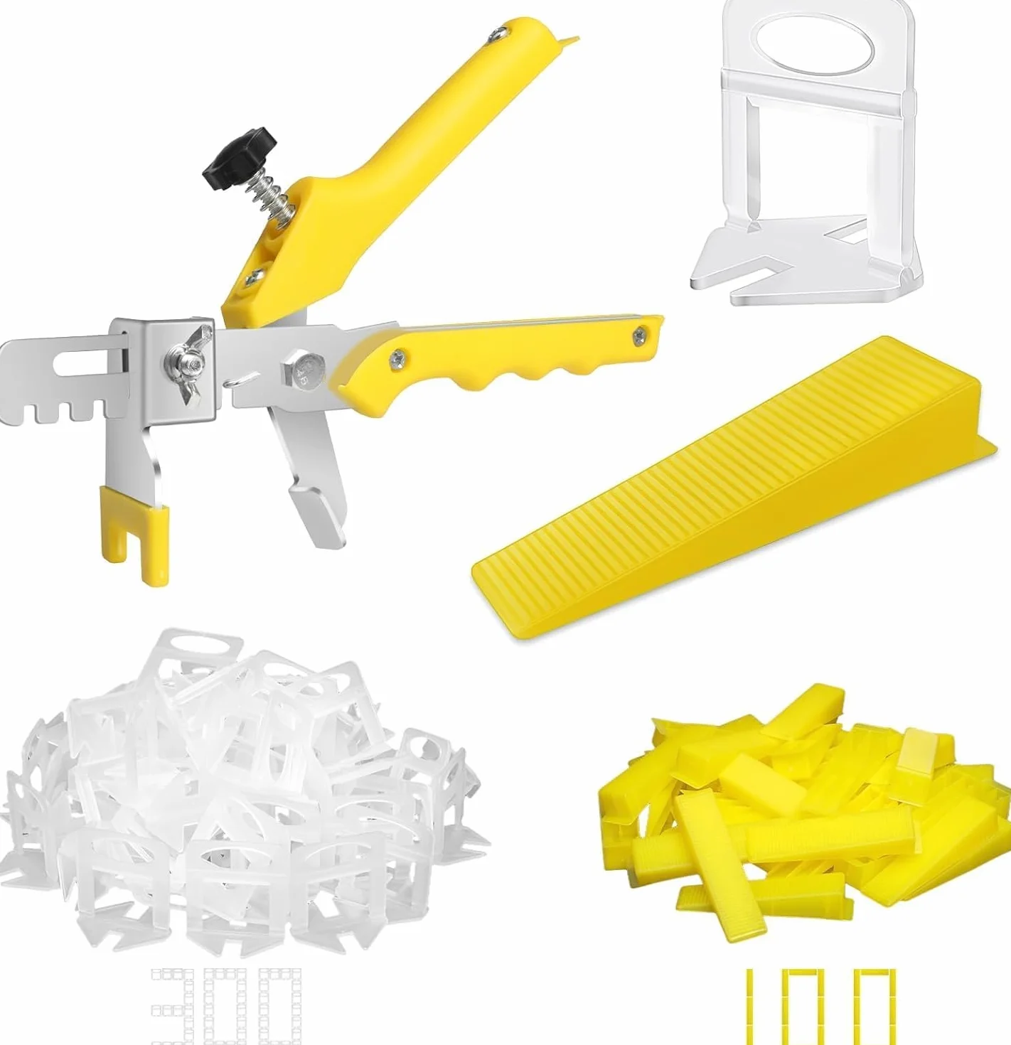 Kit de Sistema de Nivelación de Baldosas, 300 lengüetas de1.5 mm, 100 Cuñas Niveladoras para Suelo, 1 Alicate, lengüetas para azulejos con un grosor de 3 a 12 mm.