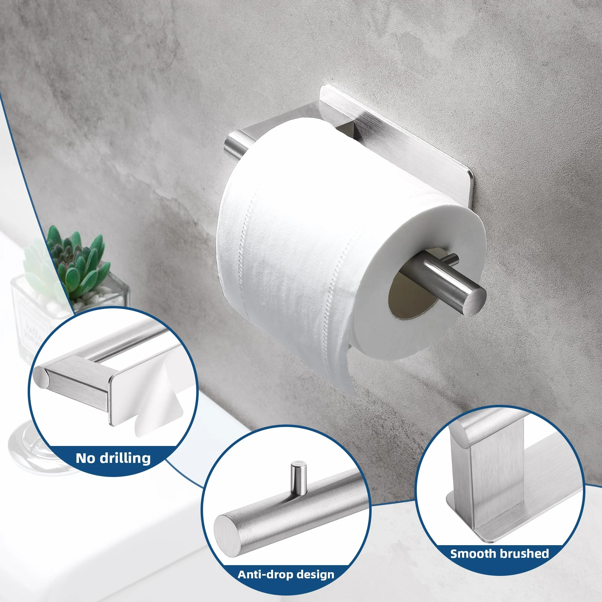 Portarrollos Papel Higienico y 2 Piezas de Ganchos Adhesivos, Portarrollos Adhesivo Baño de Pared, Portarrollos Papel Higienico Acero Inoxidable, Plata