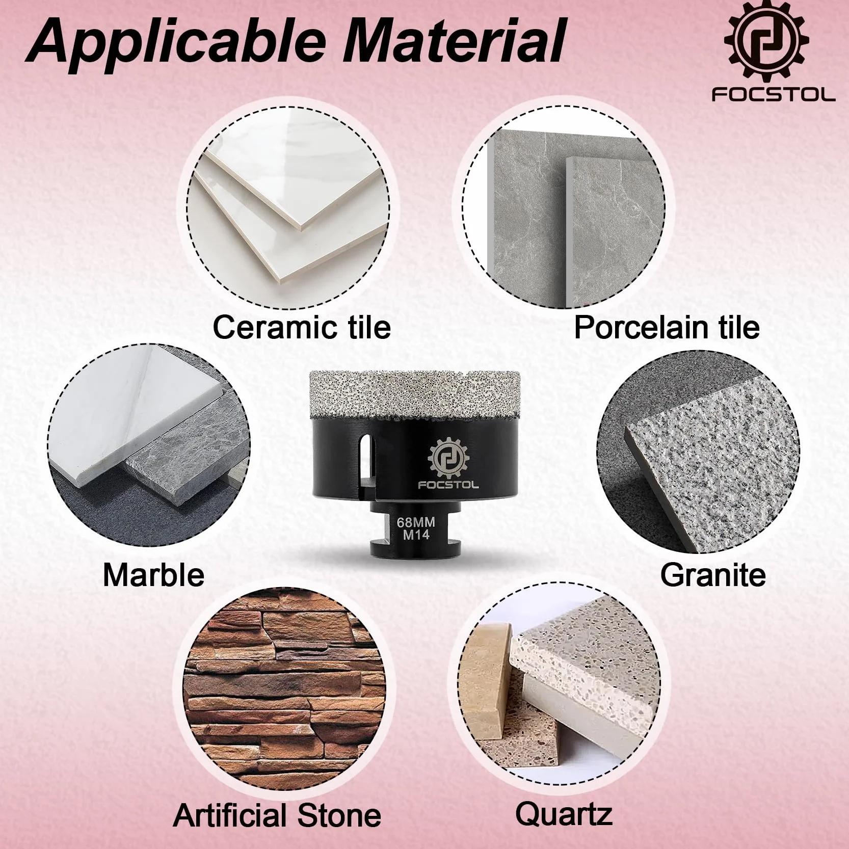 FOCSTOL Brocas Diamante - 68mm Corona Diamante para Porcelanico Baldosa Cerámica Mármol Granito Cuarzo para M14 Rosca Amoladora Angular