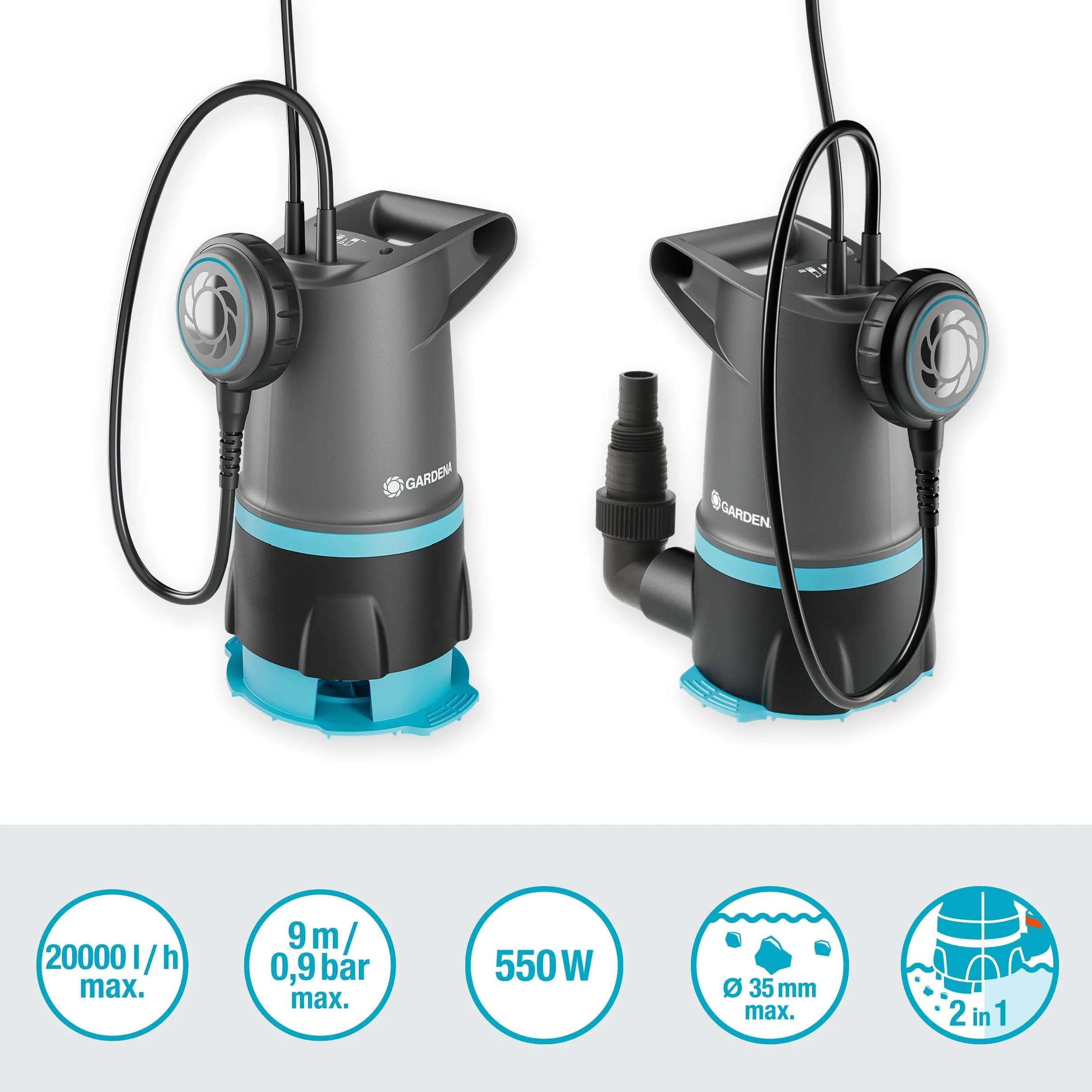Gardena 20000 BASIC Bomba sumergible 2 en 1 aguas limpias y sucias 20.000 l/h interruptor de flotador