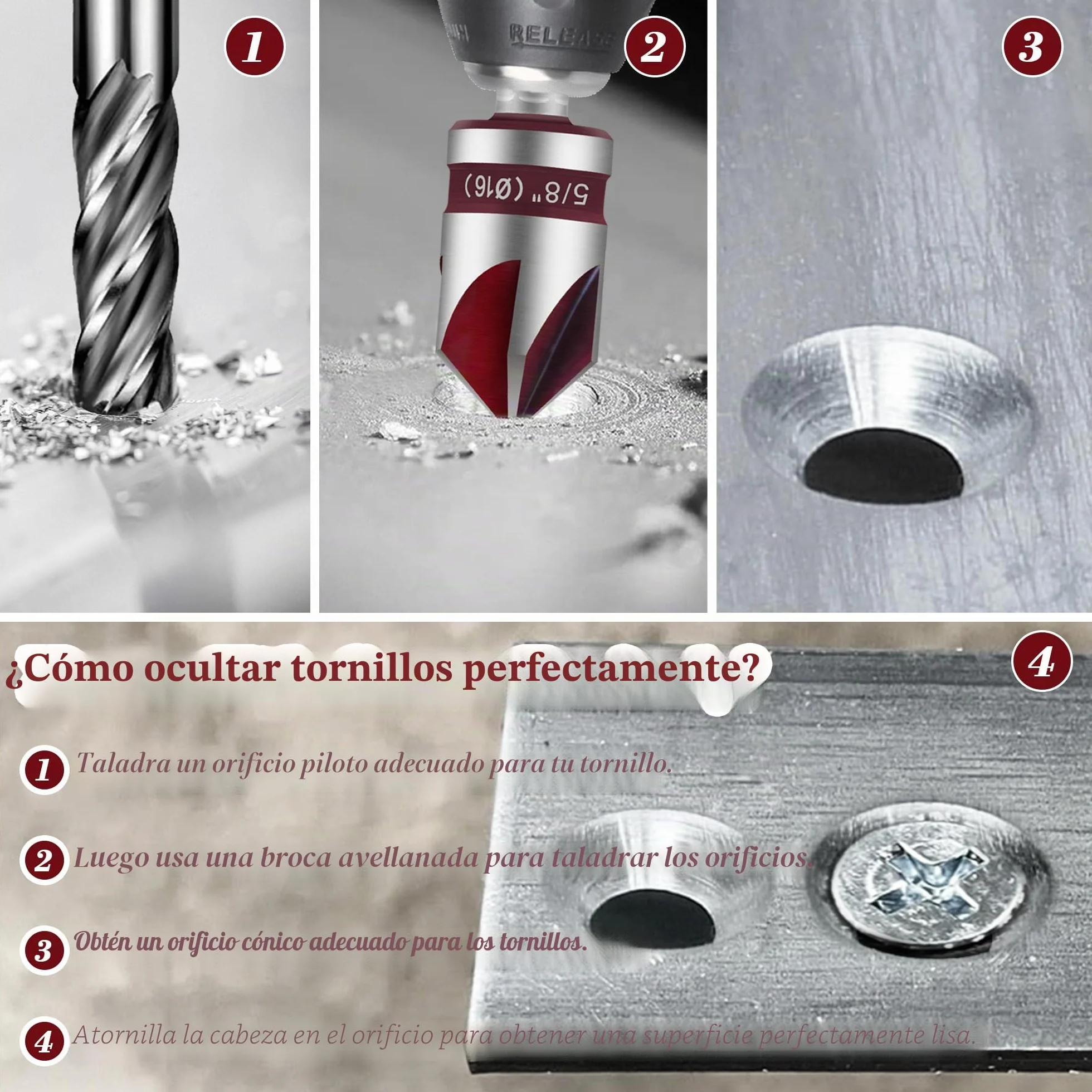 ASNOMY Juego de 5 Brocas Avellanadoras Cónicas de 82° para Metal y Madera - Avellanador y Desbarbado con Puntas Biseladas