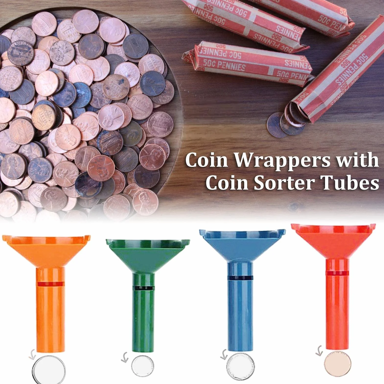 Easy Wrap Tubos para Monedas - Contador y Envoltorios para Rollos Monedas - 4 Tubos y Envolturas Surtidas para Níquel, Diez Centavos, Centavos, Cuarto