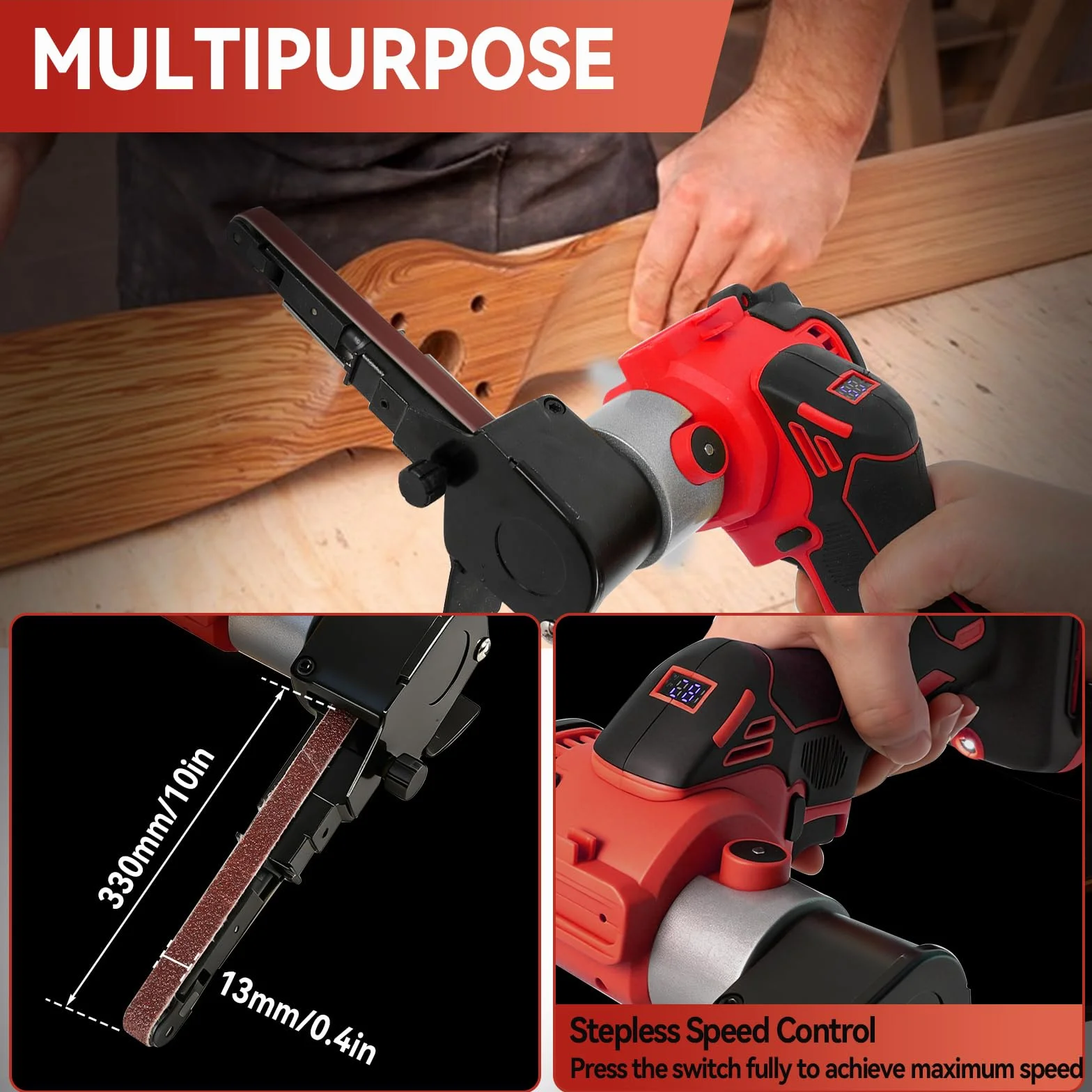 Lijadora de banda inalámbrica compatible con Milwaukee 18V, 13000 RPM 360° sin escobillas Mini Lijadora Inalámbrica Eléctrica con Velocidad Variable, 20 tiras abrasivas para Lijar