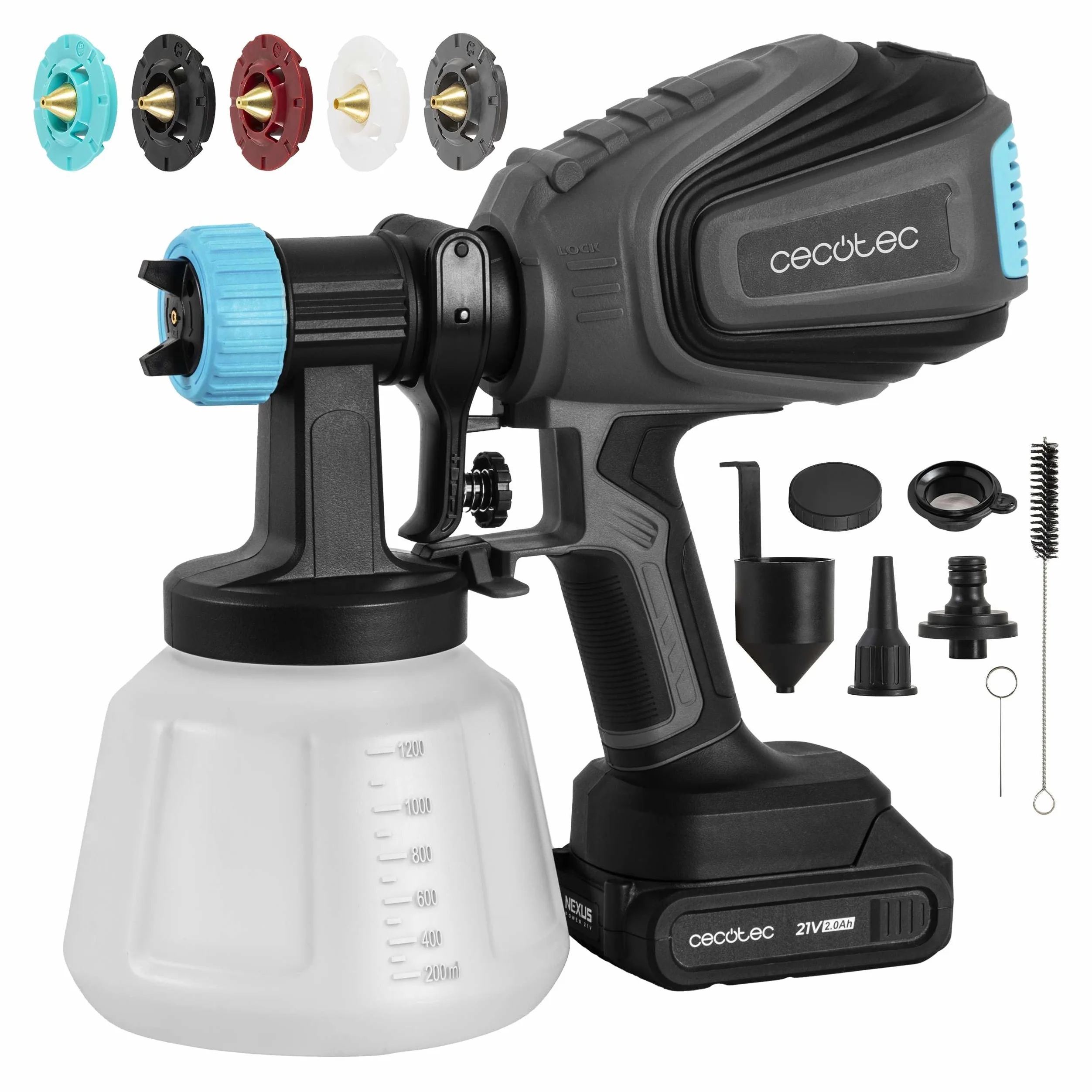 Cecotec Pistola de Pintura a Batería TotalPaint 4000 Liberty. Precisión de 14kPa, Incluye 5 Boquillas, Contenedor de 1200ml, Caudal Máximo 800ml/min, Incluye 5 Boquillas y Accesorios