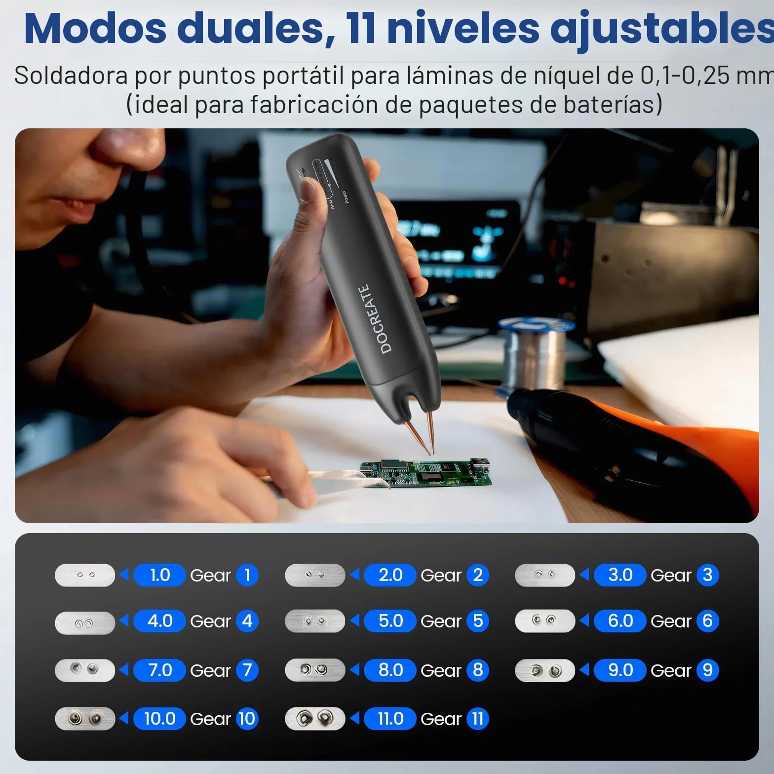 Soldadora de puntos con batería, soldador portátil de puntos, con modos automáticos y manuales, 99 velocidades ajustables para paquetes de baterías DIY, pantalla LED