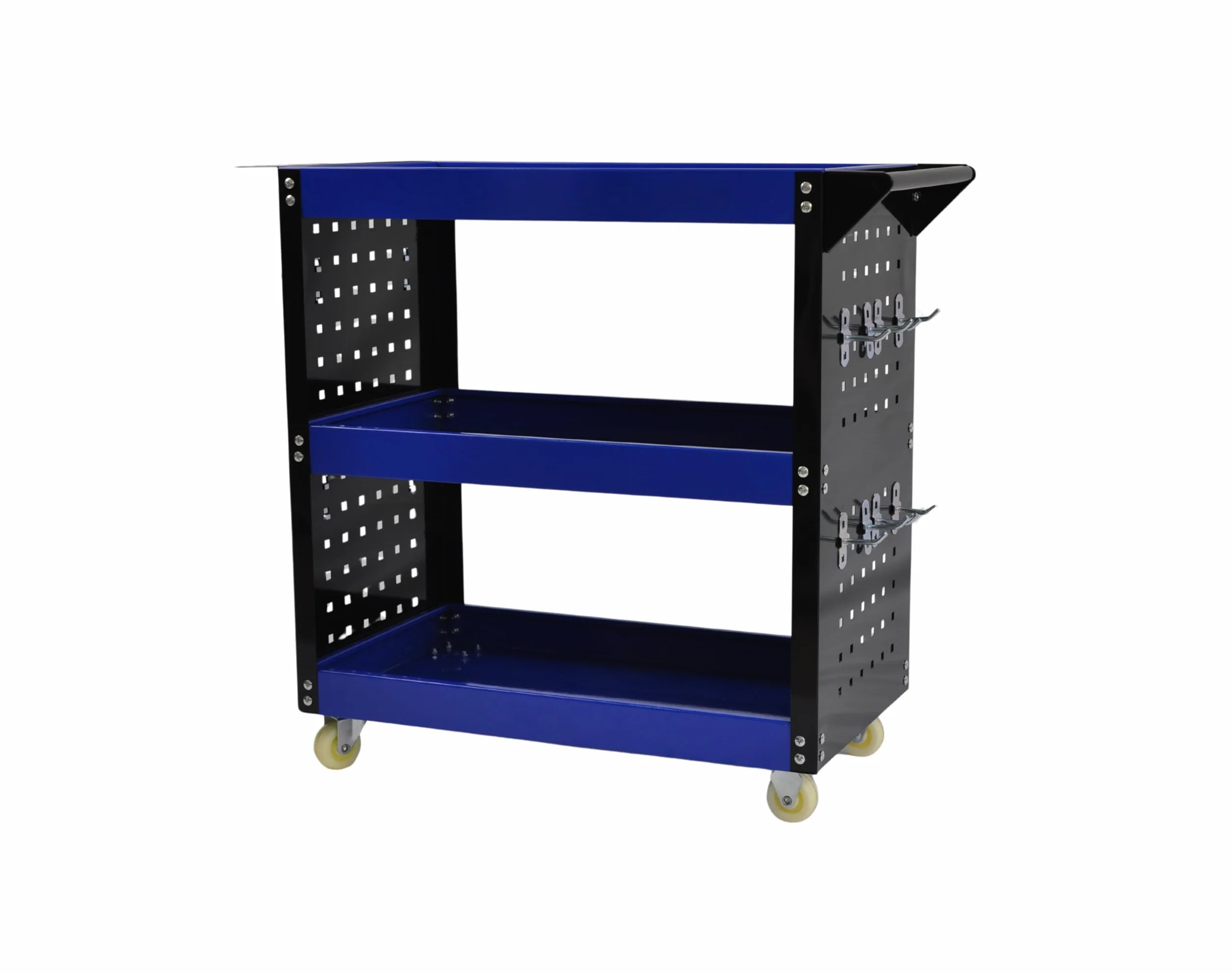 Carro de Taller Profesional 3 Baldas con Paneles Laterales y Ganchos – Azul/Negro – 700×350×760 mm – Carro Herramientas con Ruedas Maniobrable