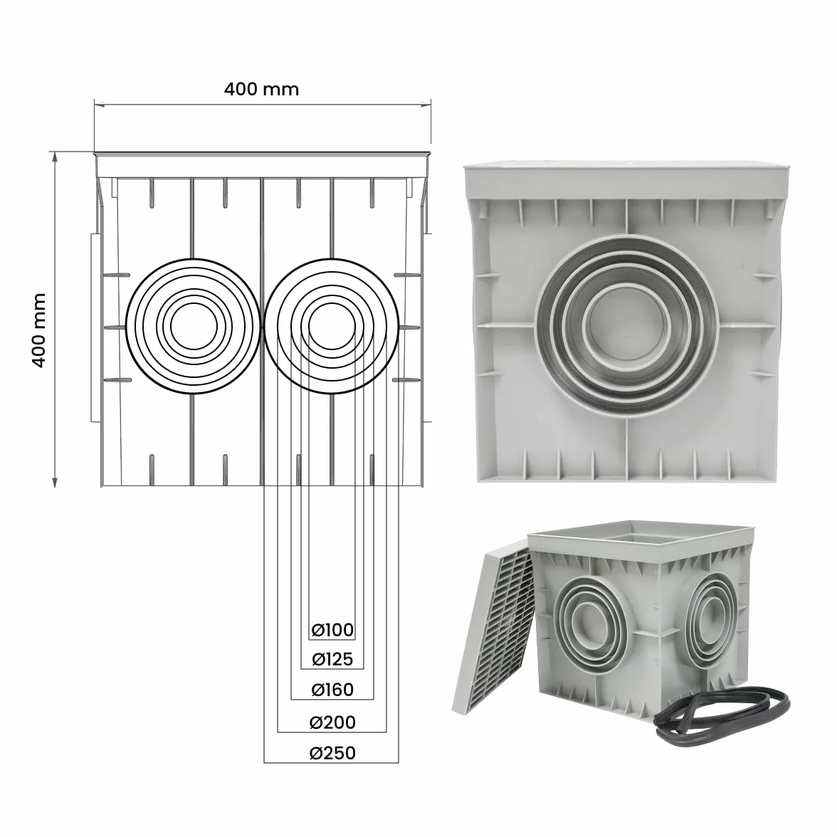 Arqueta Estanca de Suelo Electrica Gris Cuadrada con Tapa Ciega IP54 Arqueta de Riego y Electricidad Arqueta de PVC para Jardín, Drenaje Riego, Instalaciones Eléctricas Tuberías (1, 400x400 mm)