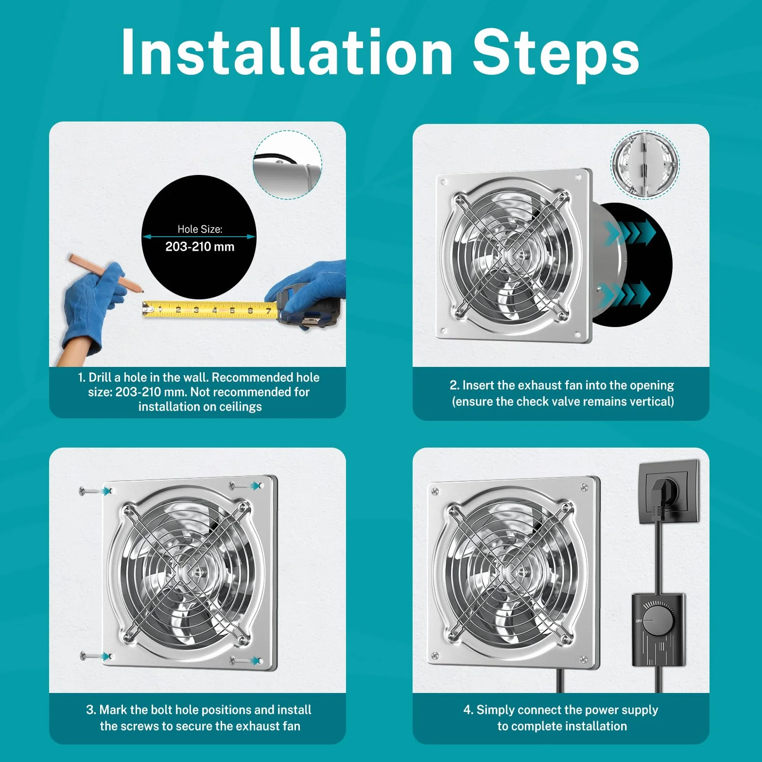 HG Power Ventilador extractor de aire de 200 mm, 980 m³/h, ventilador de pared con válvula de retorno, potente con enchufe de la UE para cocina, baño, garaje, sótano, plata
